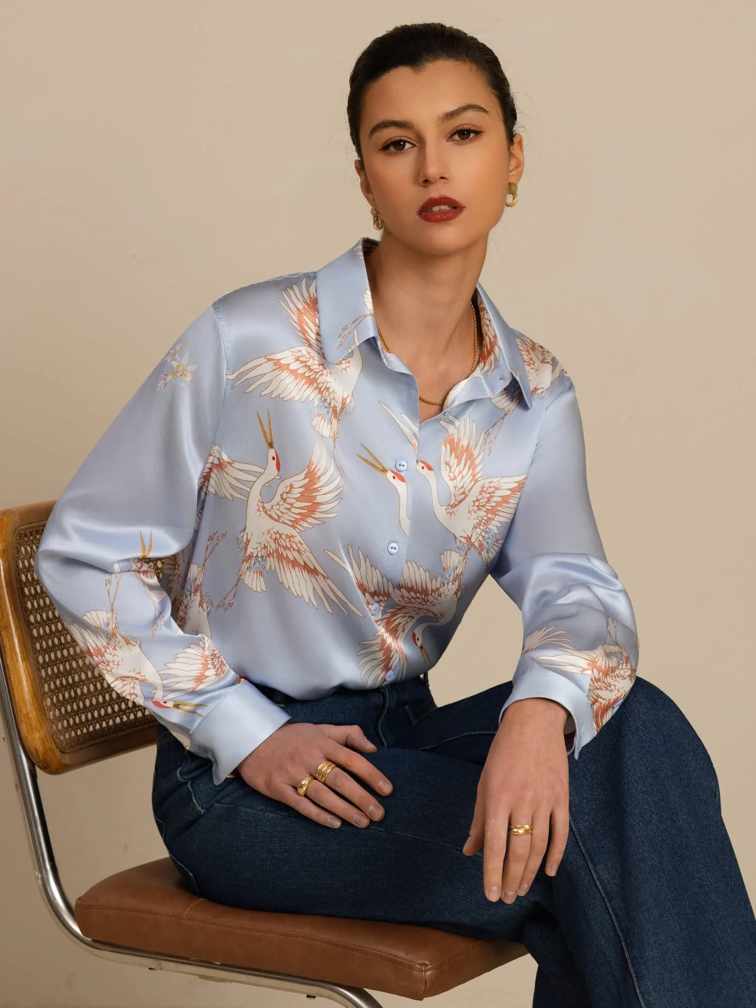 Blusa Mujer De Seda Pura 19 Momme Manga Larga Cuello Con Solapa Estampado Grulla Con Botones - Image 32