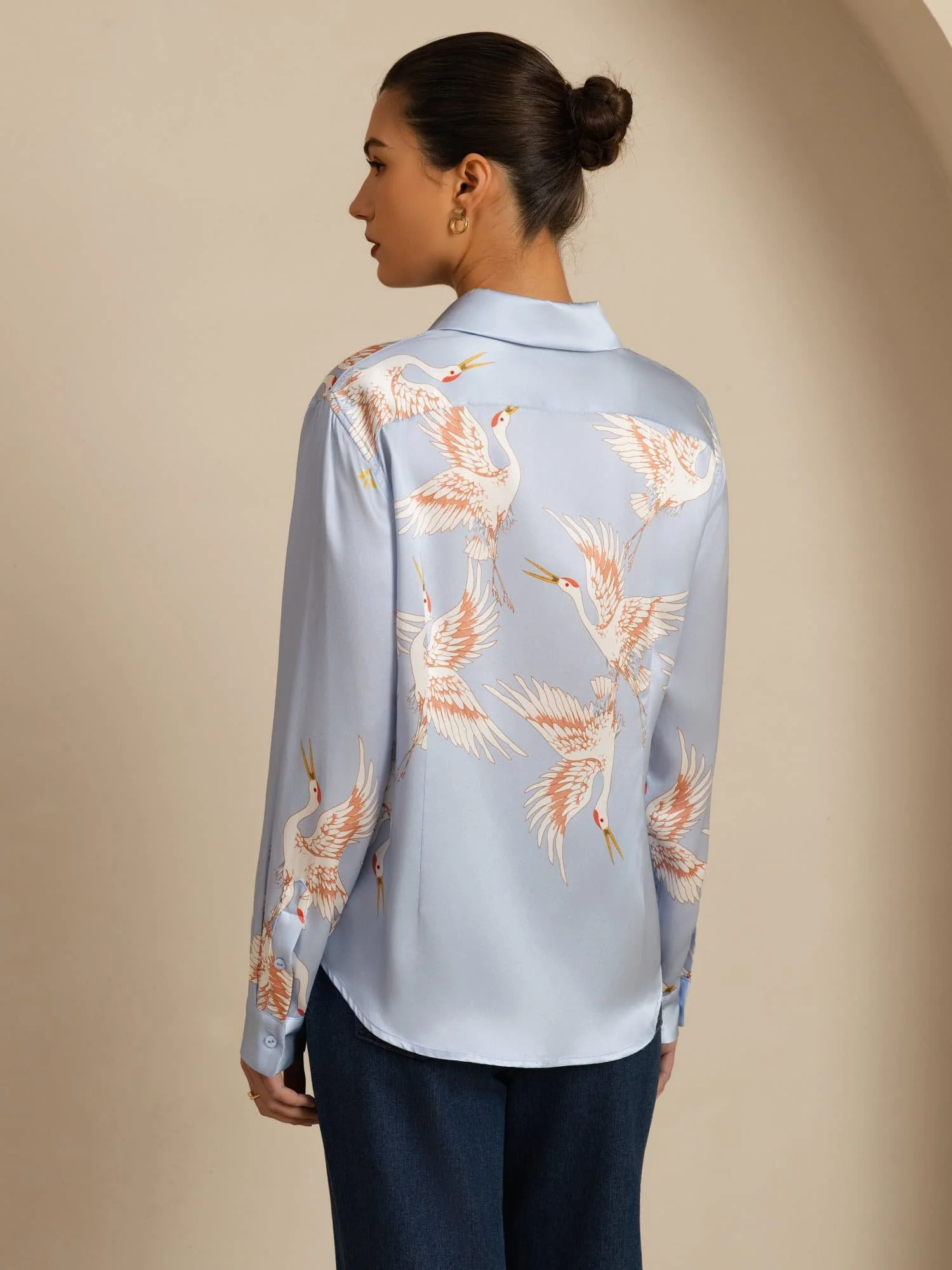 Blusa Mujer De Seda Pura 19 Momme Manga Larga Cuello Con Solapa Estampado Grulla Con Botones - Image 33