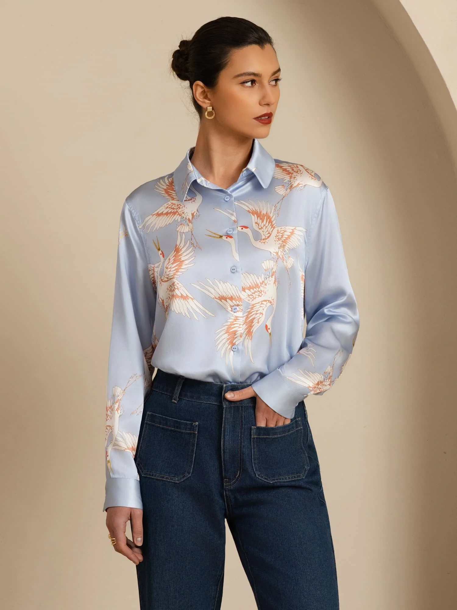Blusa Mujer De Seda Pura 19 Momme Manga Larga Cuello Con Solapa Estampado Grulla Con Botones - Image 34