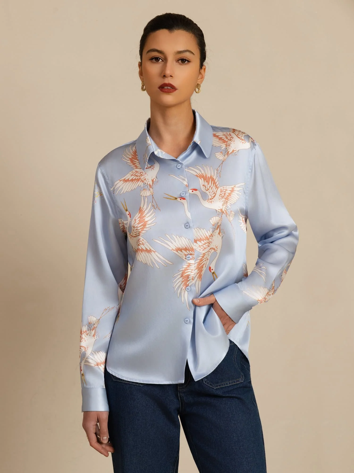 Blusa Mujer De Seda Pura 19 Momme Manga Larga Cuello Con Solapa Estampado Grulla Con Botones - Image 35