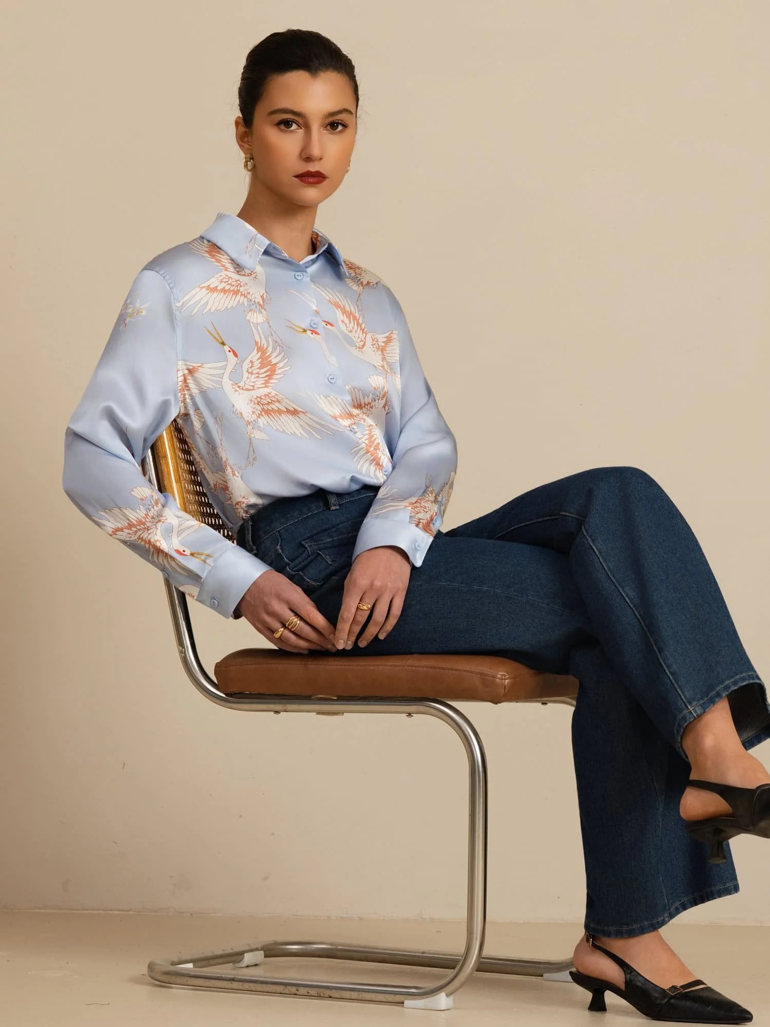 Blusa Mujer De Seda Pura 19 Momme Manga Larga Cuello Con Solapa Estampado Grulla Con Botones - Image 36