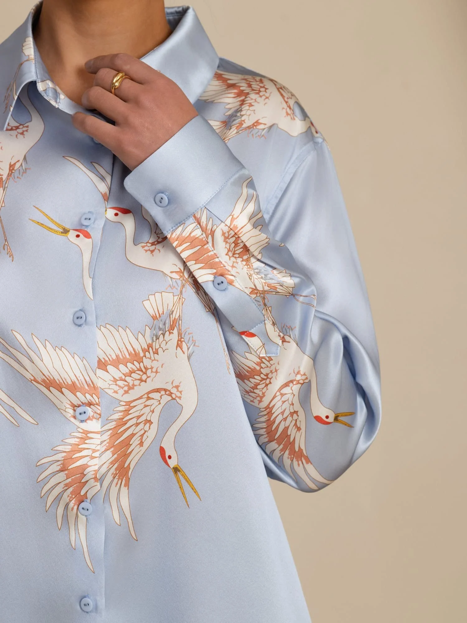 Blusa Mujer De Seda Pura 19 Momme Manga Larga Cuello Con Solapa Estampado Grulla Con Botones - Image 37