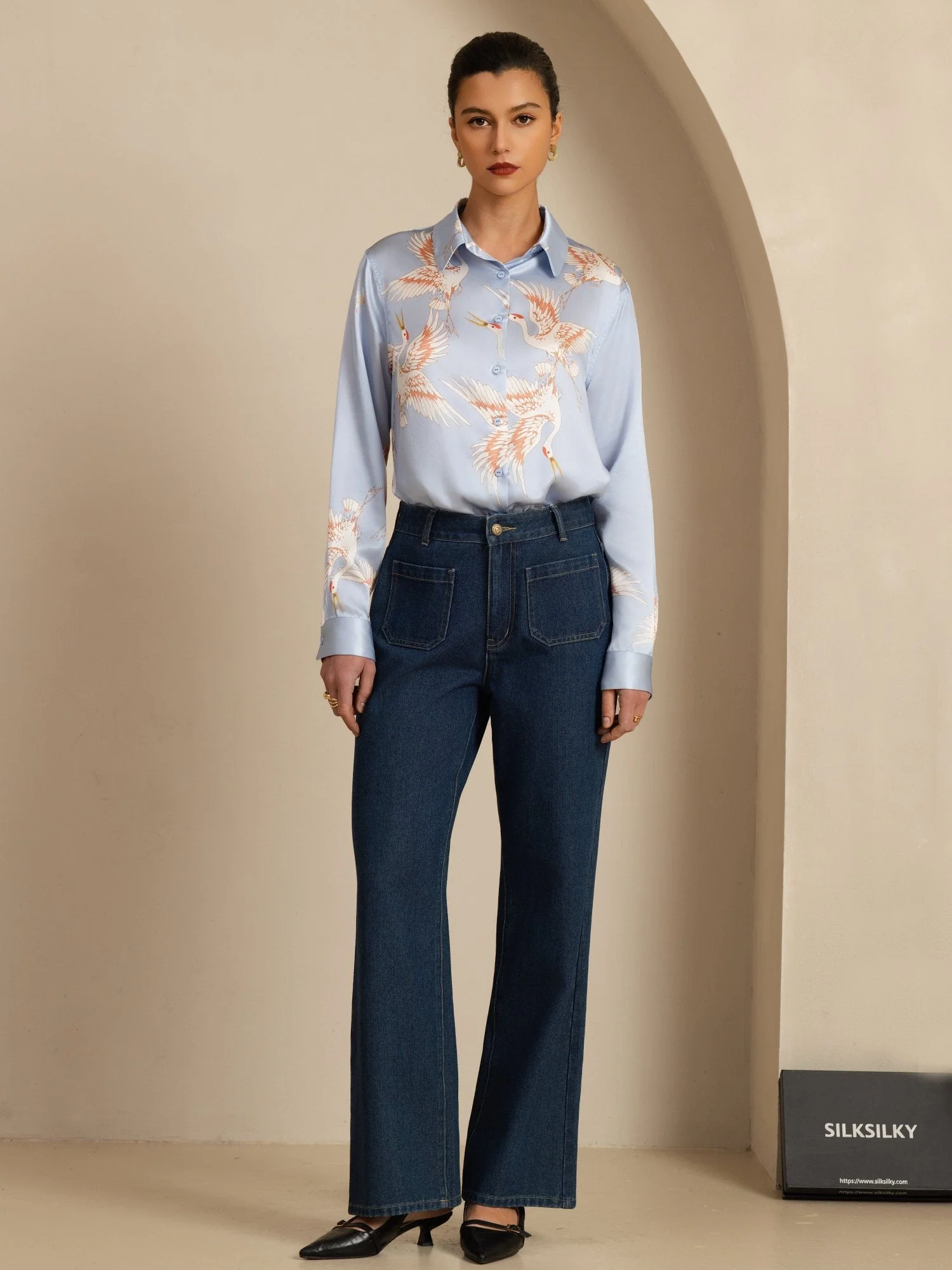 Blusa Mujer De Seda Pura 19 Momme Manga Larga Cuello Con Solapa Estampado Grulla Con Botones - Image 38