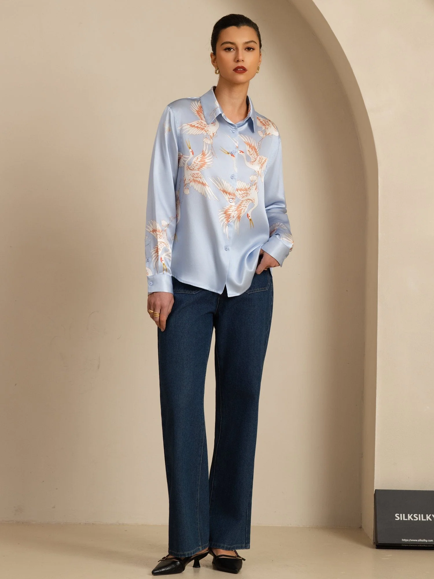Blusa Mujer De Seda Pura 19 Momme Manga Larga Cuello Con Solapa Estampado Grulla Con Botones - Image 39
