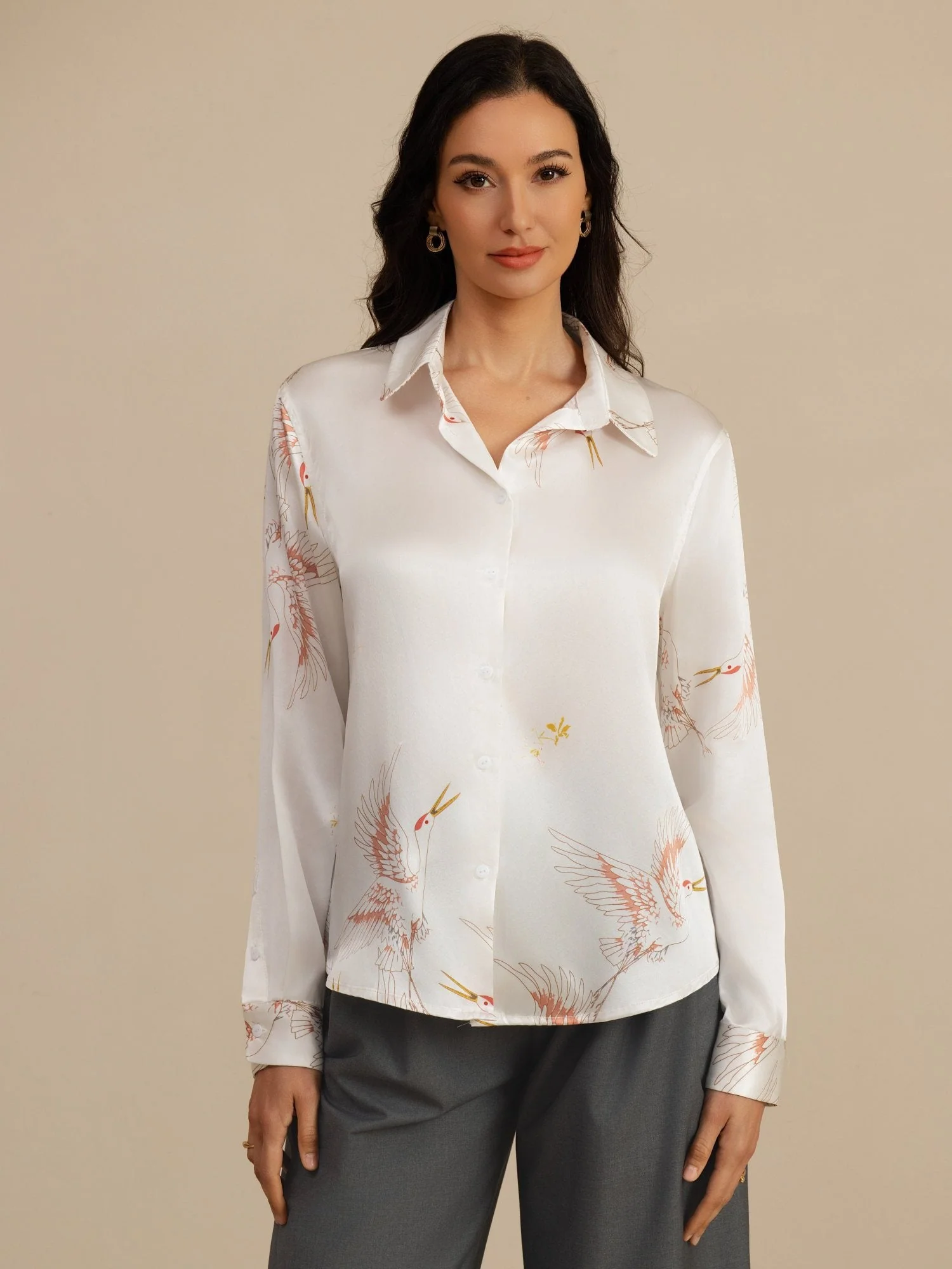 Blusa Mujer De Seda Pura 19 Momme Manga Larga Cuello Con Solapa Estampado Grulla Con Botones - Image 40