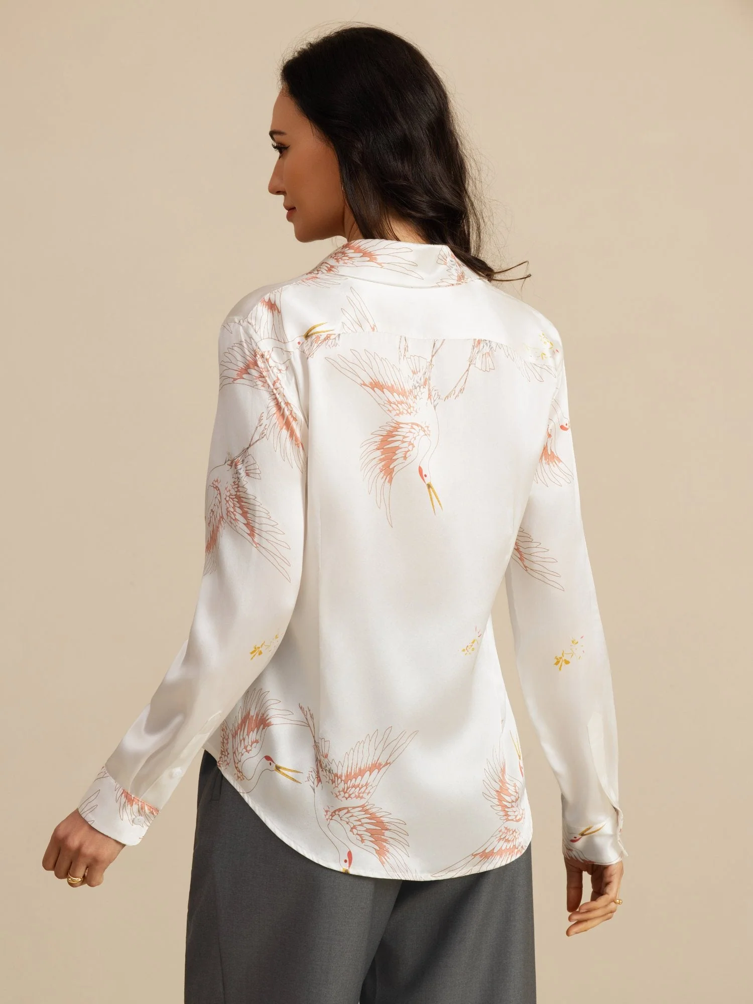 Blusa Mujer De Seda Pura 19 Momme Manga Larga Cuello Con Solapa Estampado Grulla Con Botones - Image 41