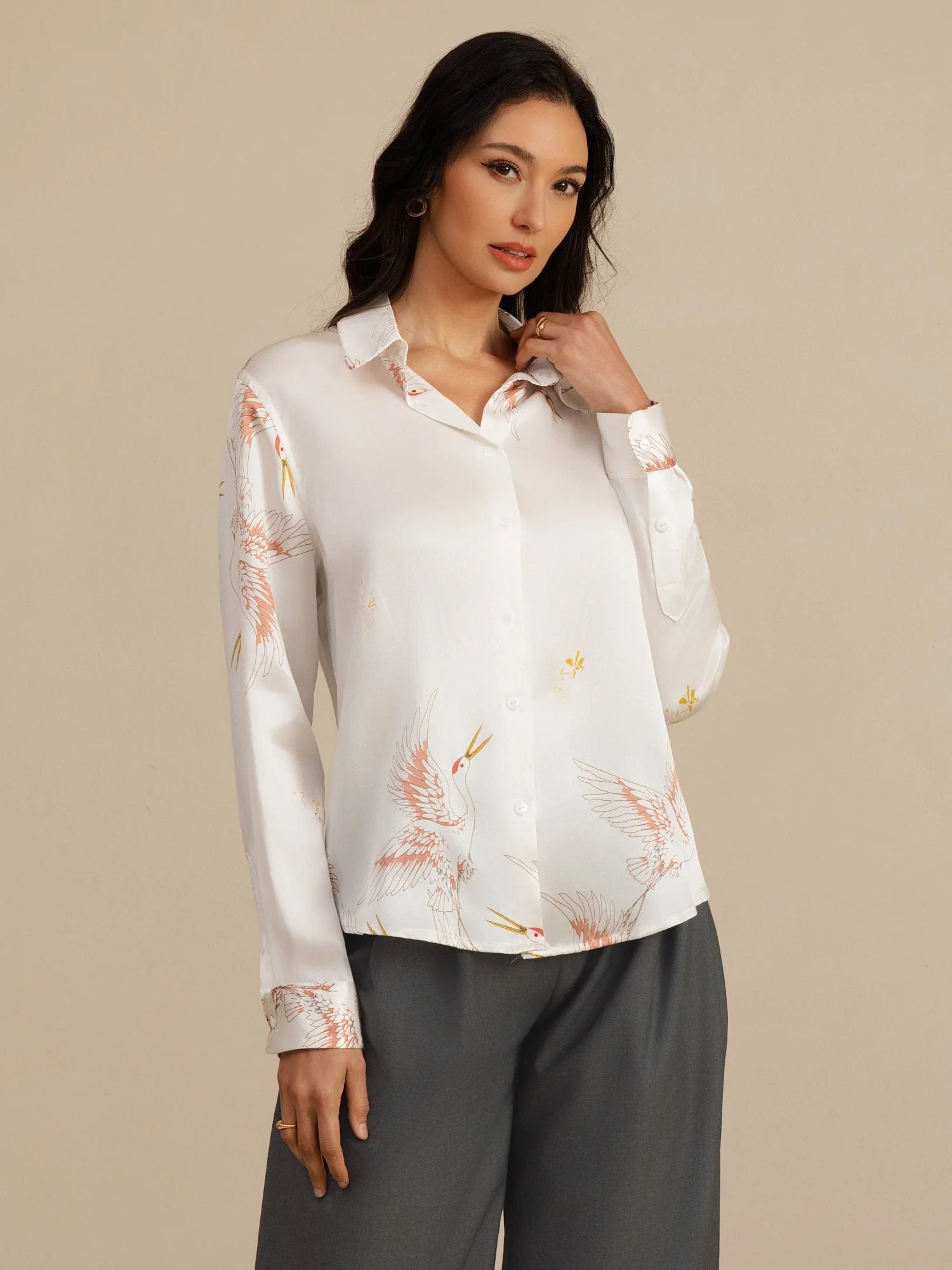 Blusa Mujer De Seda Pura 19 Momme Manga Larga Cuello Con Solapa Estampado Grulla Con Botones - Image 42