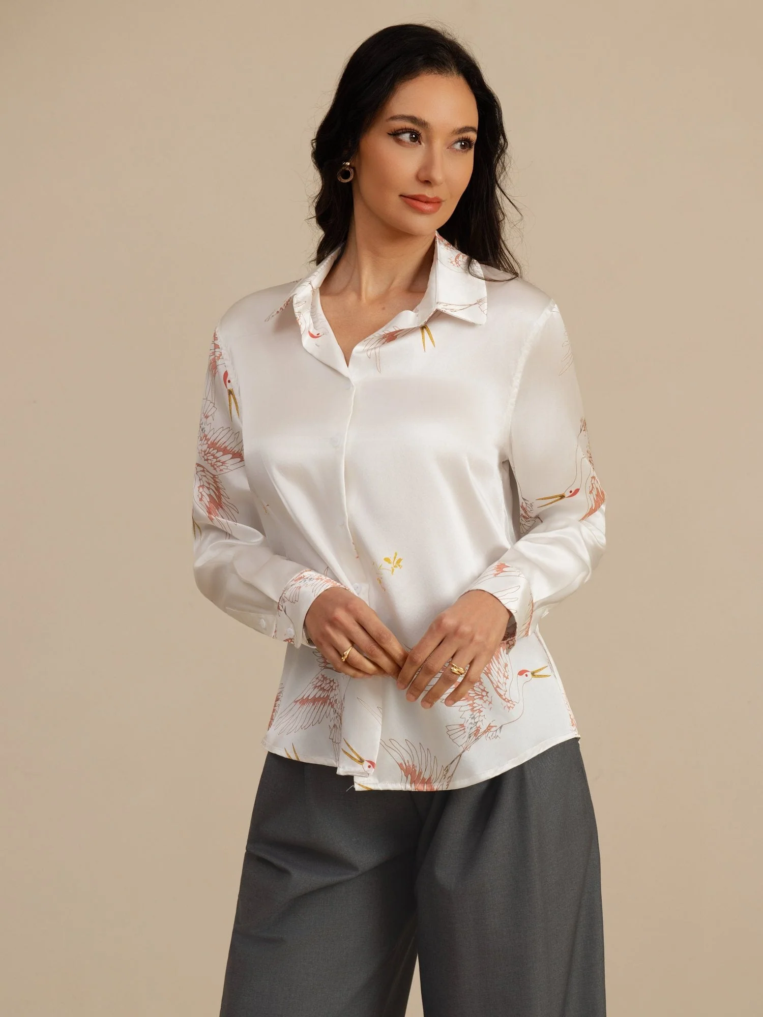 Blusa Mujer De Seda Pura 19 Momme Manga Larga Cuello Con Solapa Estampado Grulla Con Botones - Image 43