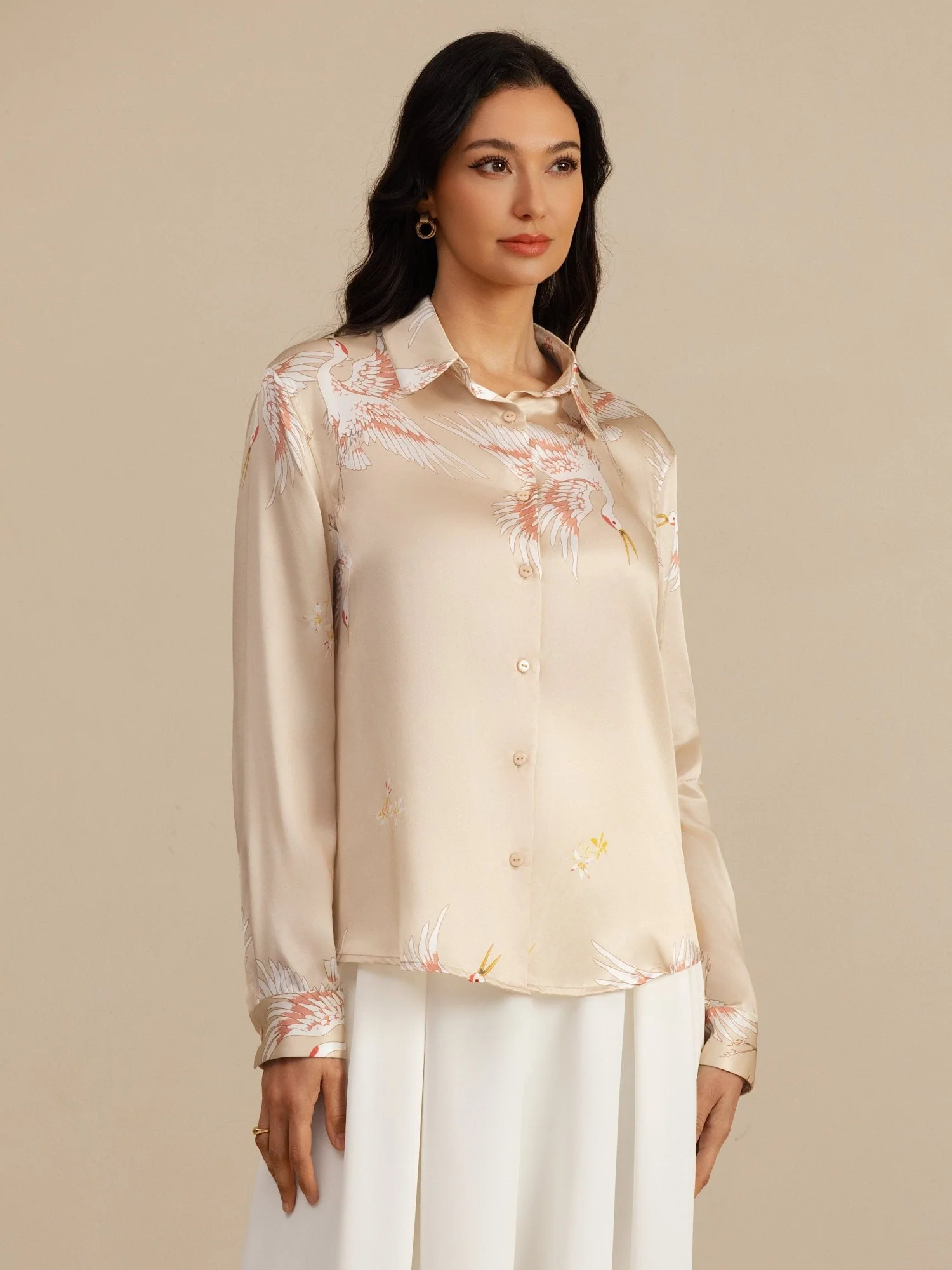 Blusa Mujer De Seda Pura 19 Momme Manga Larga Cuello Con Solapa Estampado Grulla Con Botones - Image 47