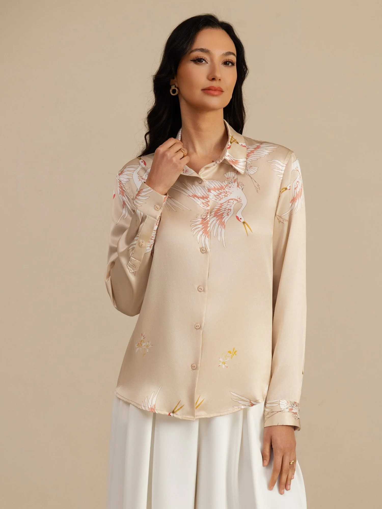 Blusa Mujer De Seda Pura 19 Momme Manga Larga Cuello Con Solapa Estampado Grulla Con Botones - Image 49