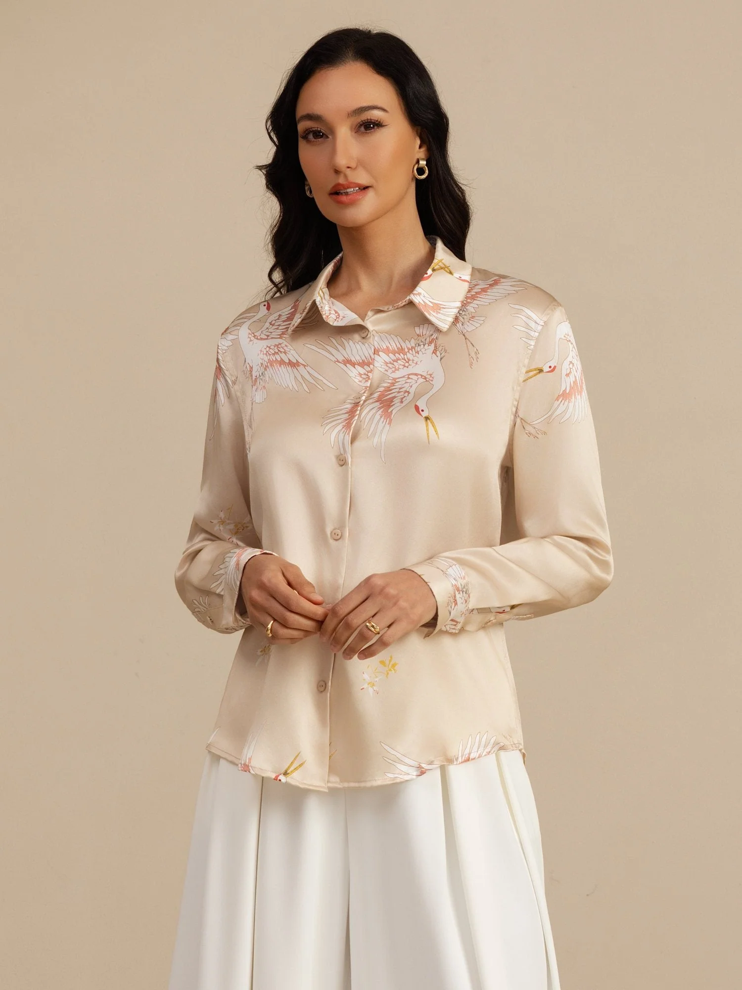 Blusa Mujer De Seda Pura 19 Momme Manga Larga Cuello Con Solapa Estampado Grulla Con Botones - Image 50