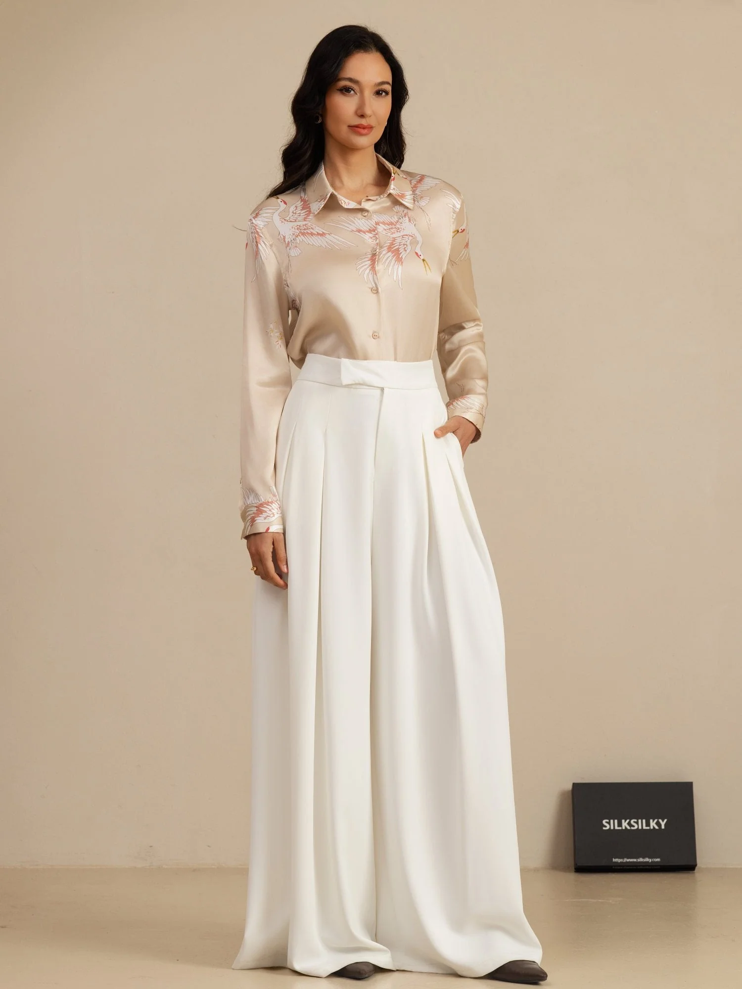 Blusa Mujer De Seda Pura 19 Momme Manga Larga Cuello Con Solapa Estampado Grulla Con Botones - Image 52
