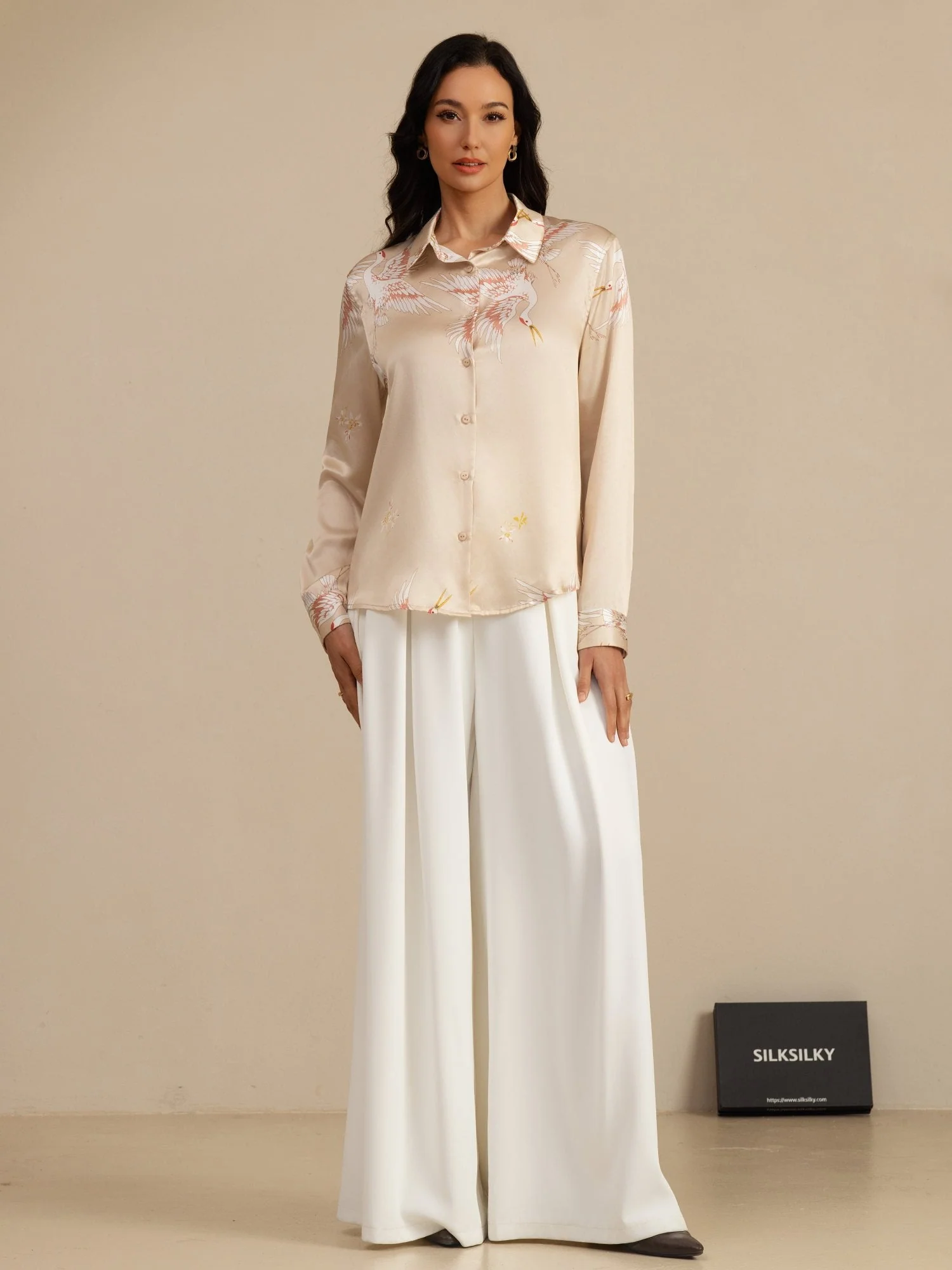 Blusa Mujer De Seda Pura 19 Momme Manga Larga Cuello Con Solapa Estampado Grulla Con Botones - Image 53
