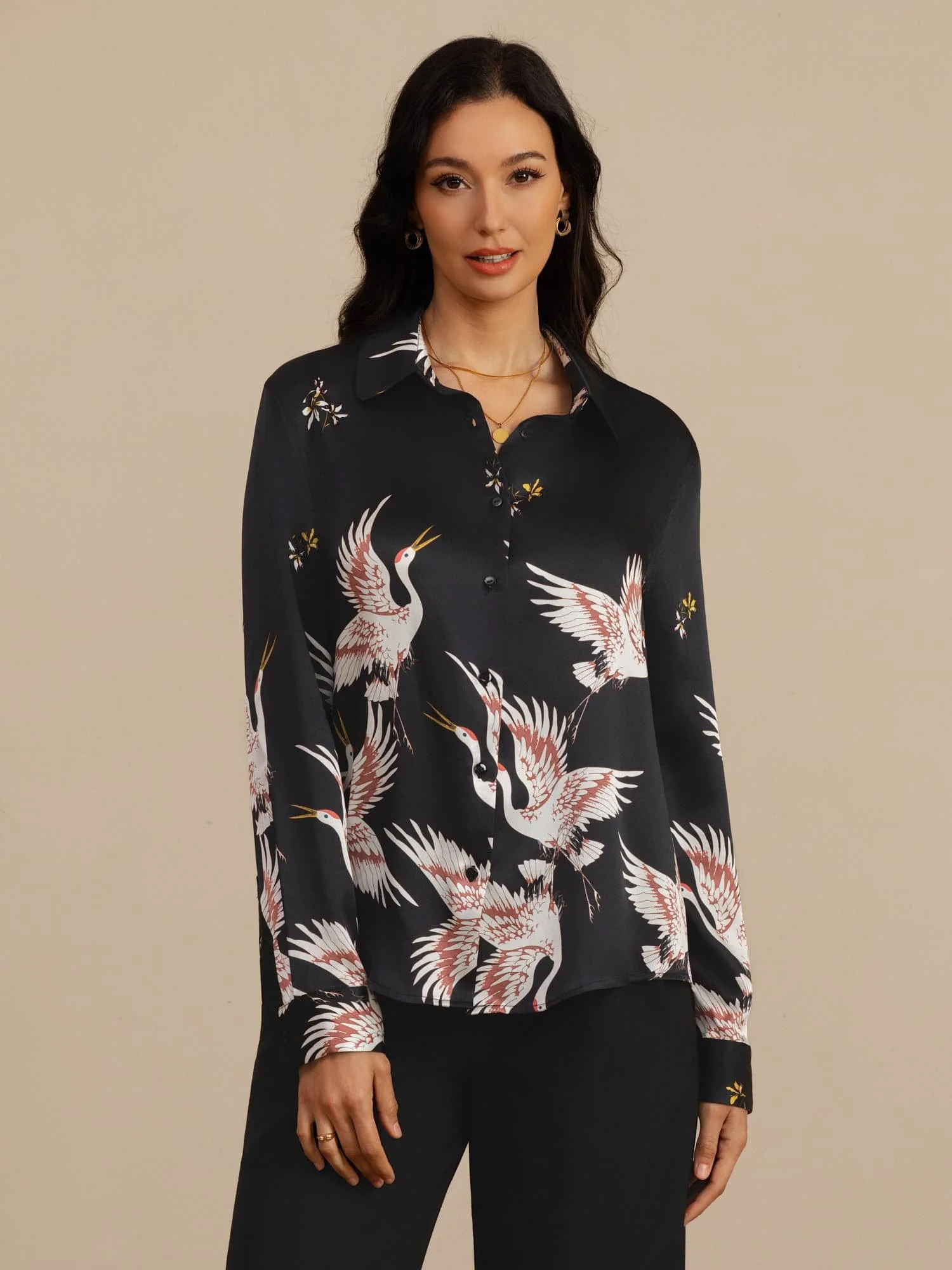 Blusa Mujer De Seda Pura 19 Momme Manga Larga Cuello Con Solapa Estampado Grulla Con Botones - Image 9