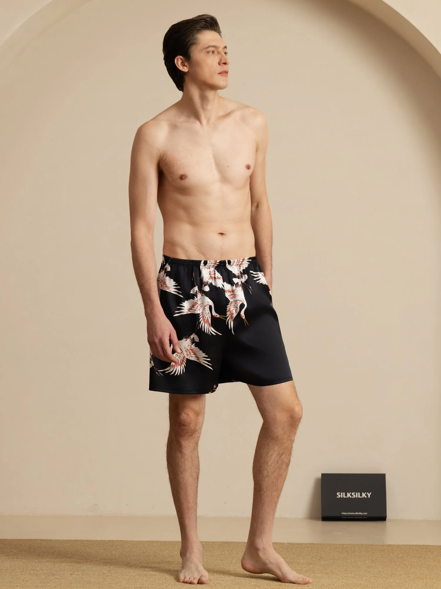 19Momme Seda Pura Pantalones Cortos de Sueño Hombre Estampado Grúa Cintura Elástica - Image 12