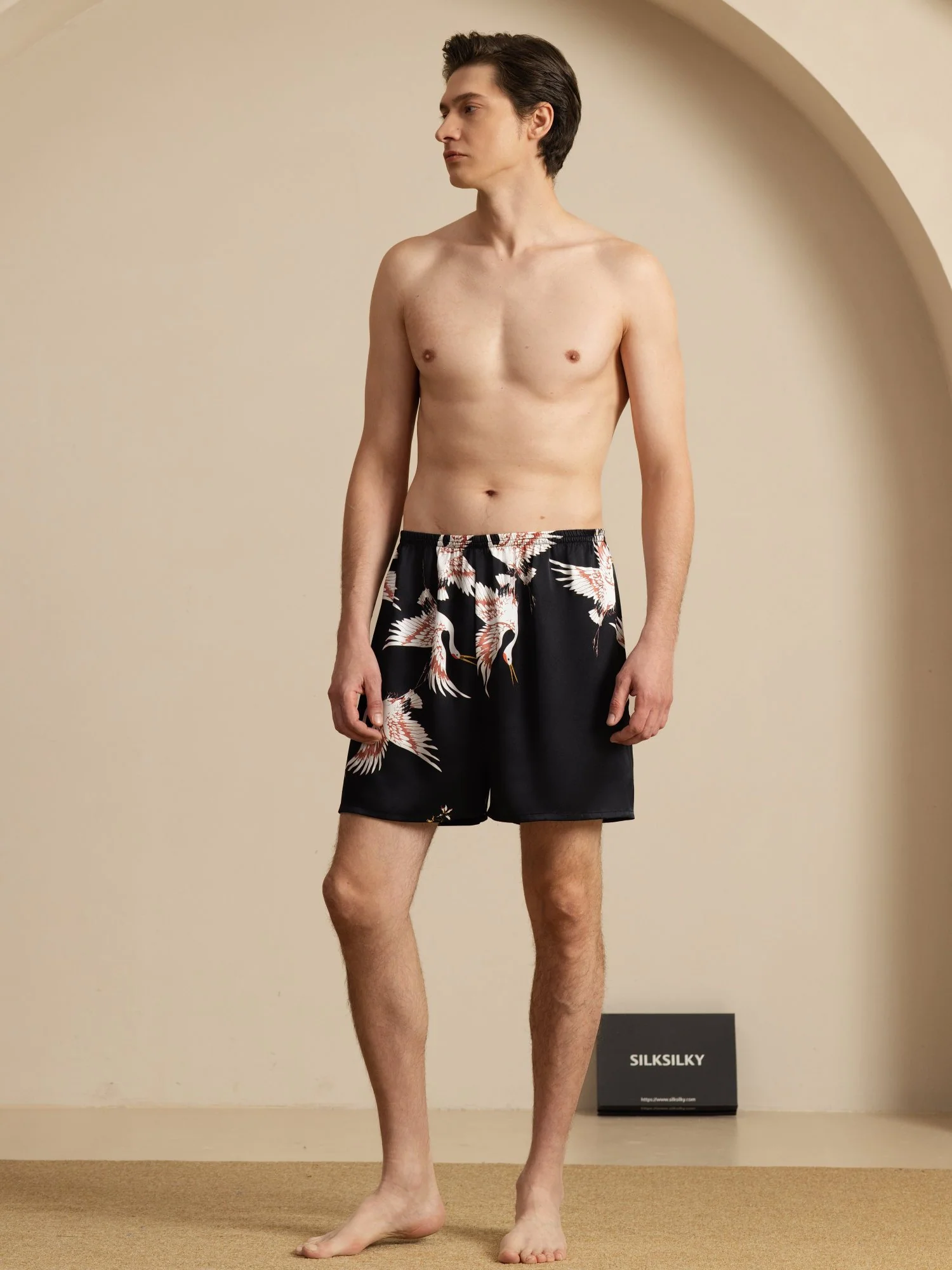 19Momme Seda Pura Pantalones Cortos de Sueño Hombre Estampado Grúa Cintura Elástica - Image 13