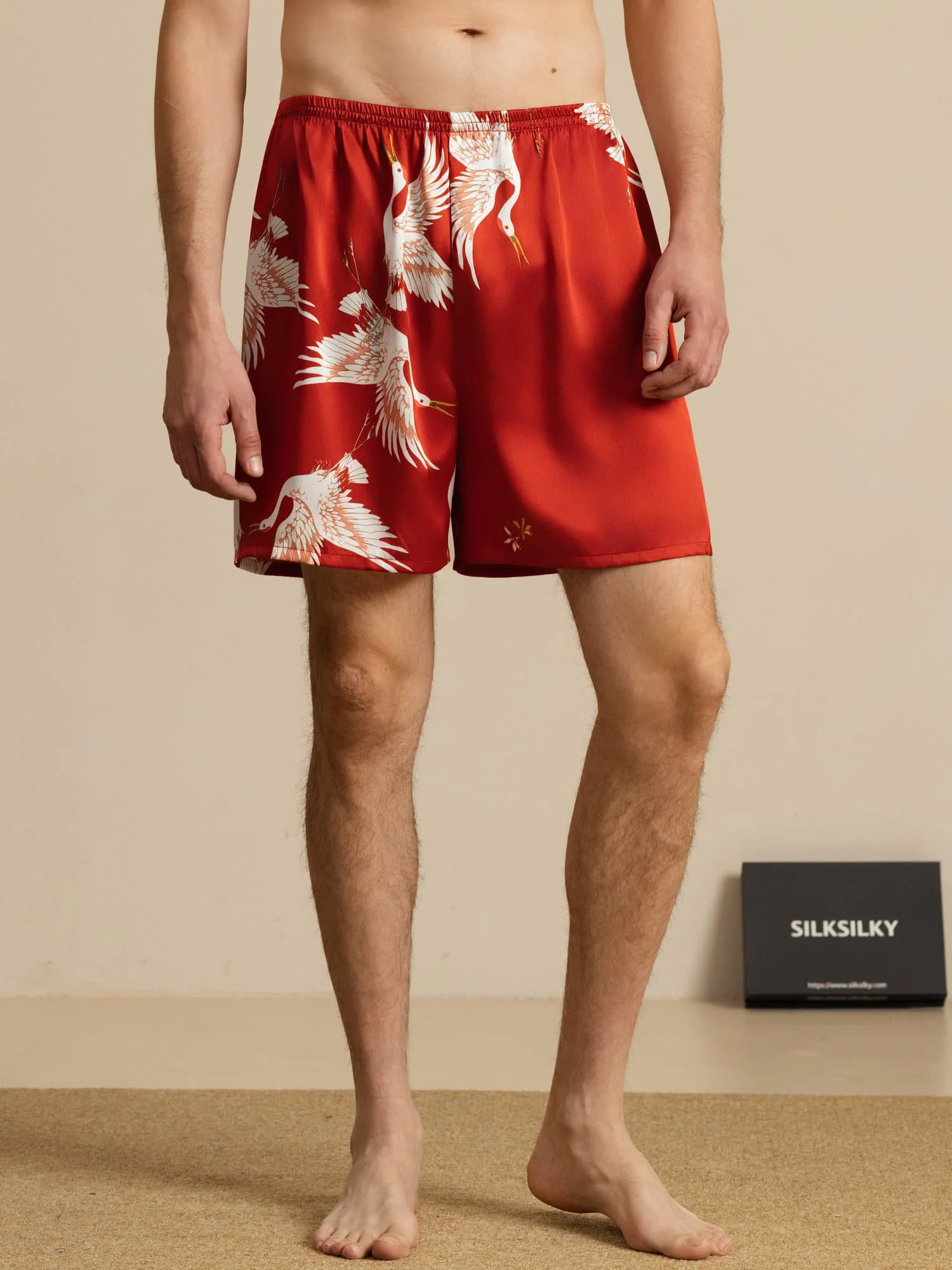 19Momme Seda Pura Pantalones Cortos de Sueño Hombre Estampado Grúa Cintura Elástica - Image 14