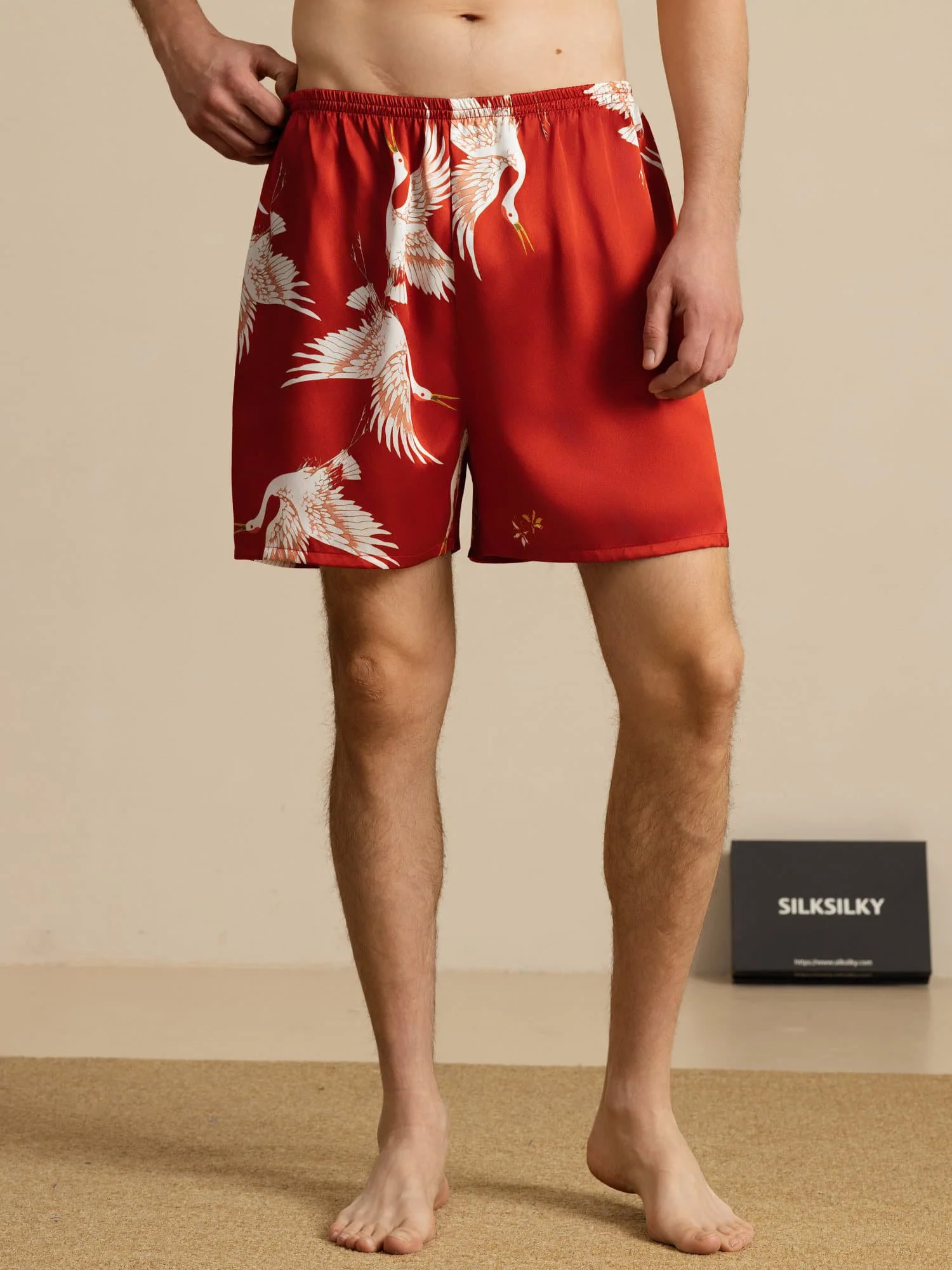 19Momme Seda Pura Pantalones Cortos de Sueño Hombre Estampado Grúa Cintura Elástica - Image 16