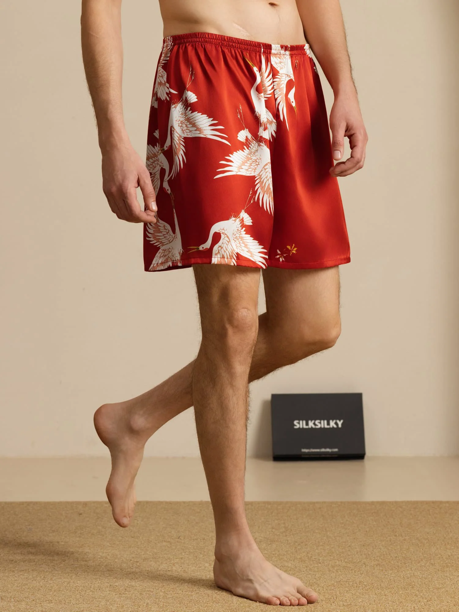 19Momme Seda Pura Pantalones Cortos de Sueño Hombre Estampado Grúa Cintura Elástica - Image 17