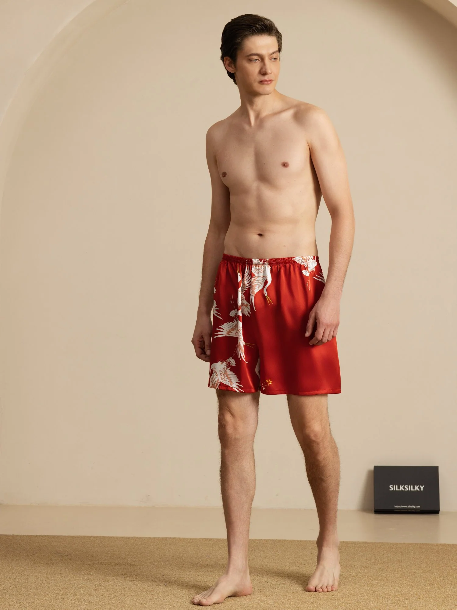 19Momme Seda Pura Pantalones Cortos de Sueño Hombre Estampado Grúa Cintura Elástica - Image 19