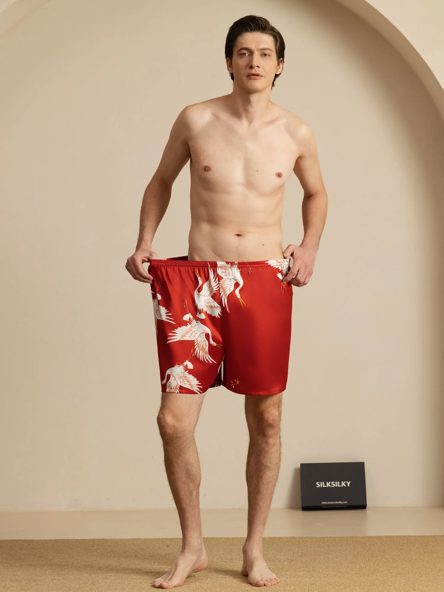 19Momme Seda Pura Pantalones Cortos de Sueño Hombre Estampado Grúa Cintura Elástica - Image 20