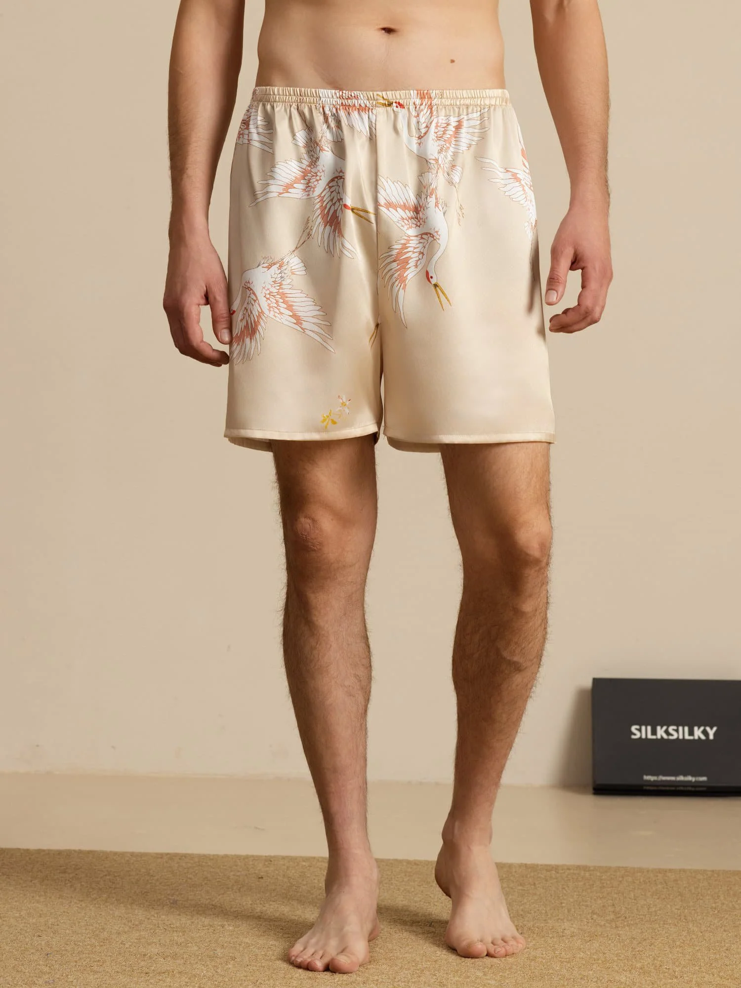 19Momme Seda Pura Pantalones Cortos de Sueño Hombre Estampado Grúa Cintura Elástica - Image 21
