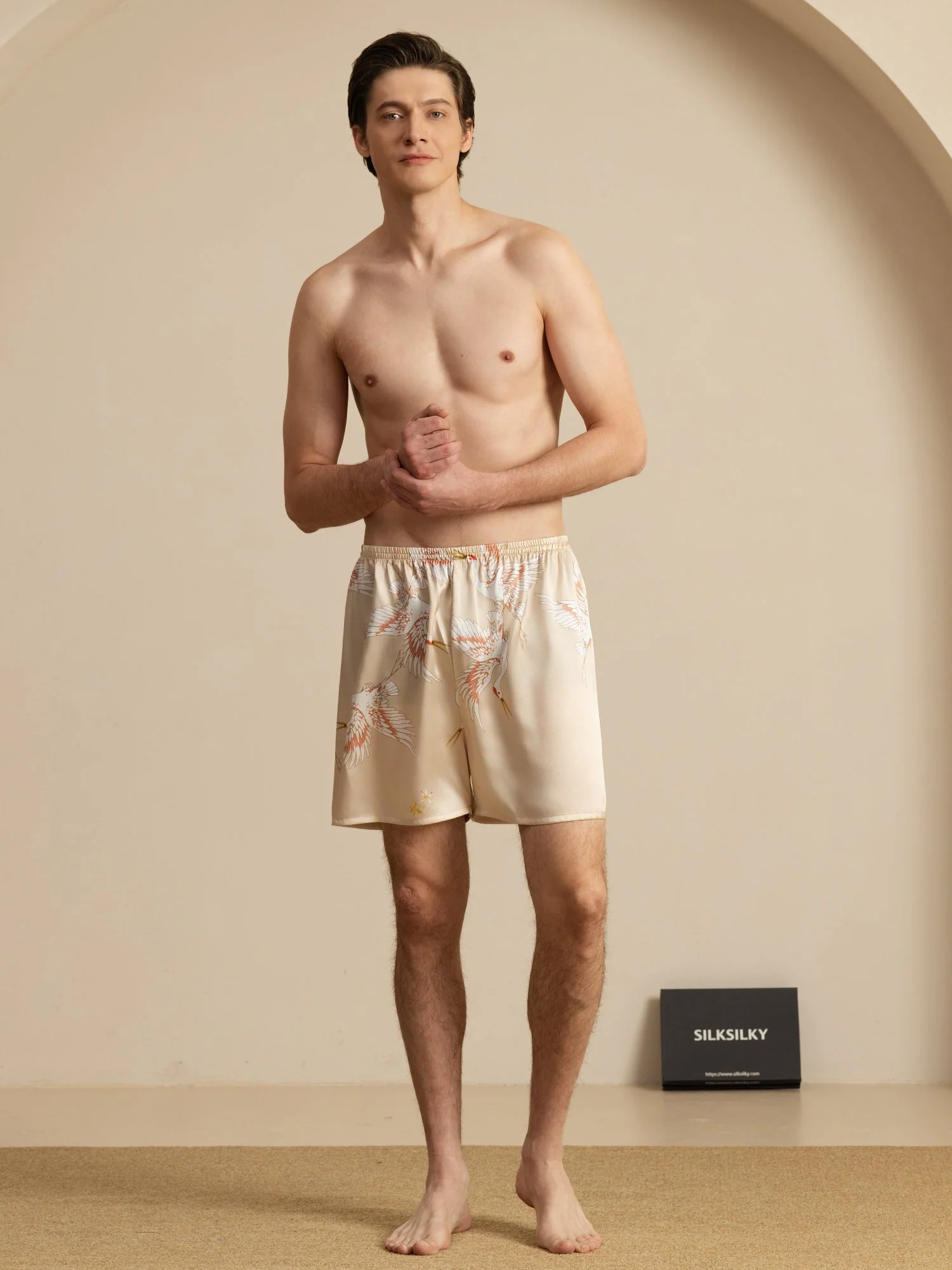 19Momme Seda Pura Pantalones Cortos de Sueño Hombre Estampado Grúa Cintura Elástica - Image 24