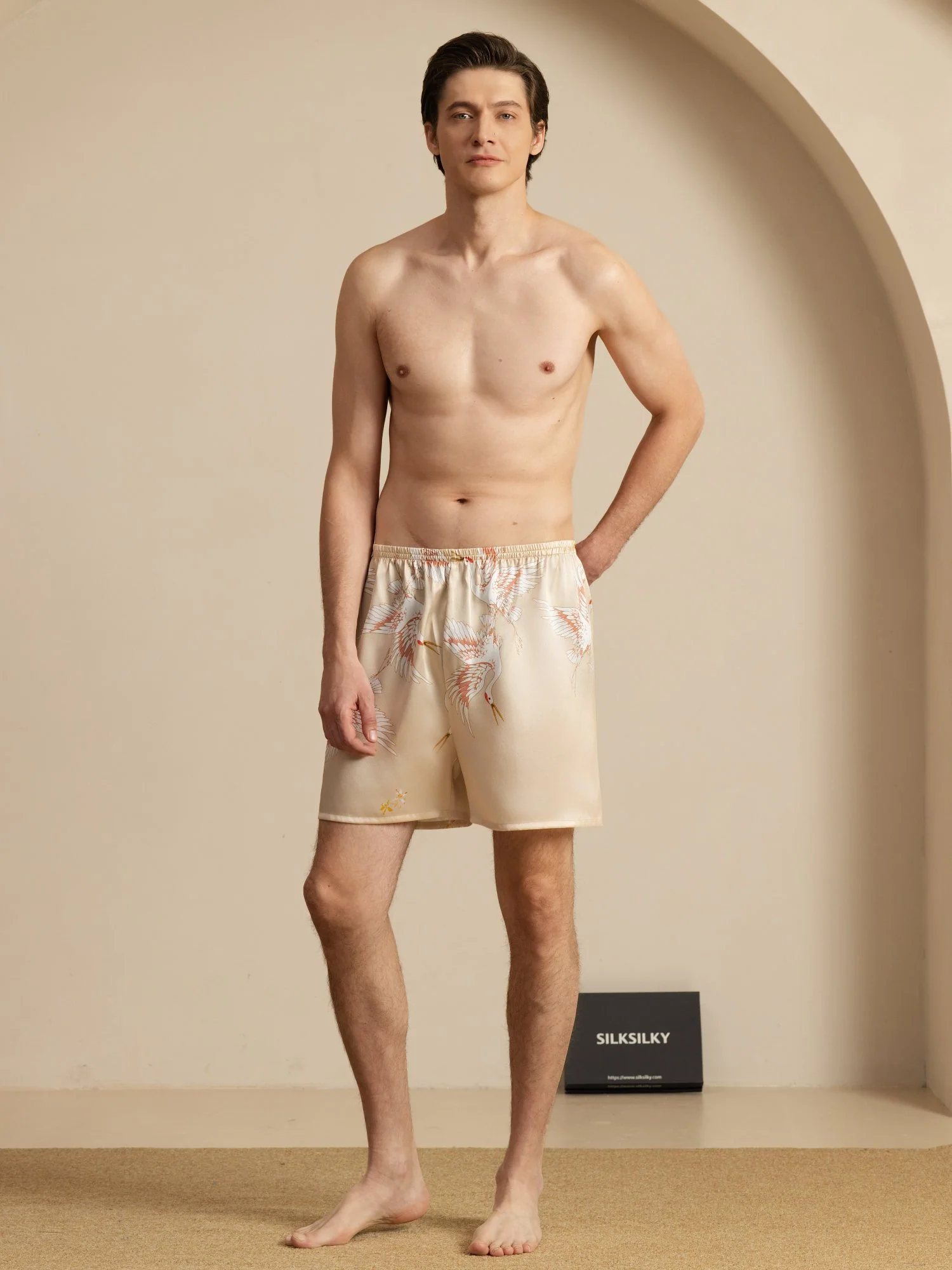 19Momme Seda Pura Pantalones Cortos de Sueño Hombre Estampado Grúa Cintura Elástica - Image 26