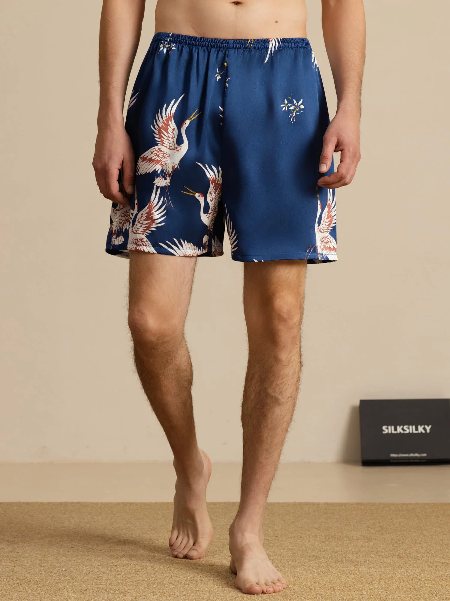 19Momme Seda Pura Pantalones Cortos de Sueño Hombre Estampado Grúa Cintura Elástica - Image 3