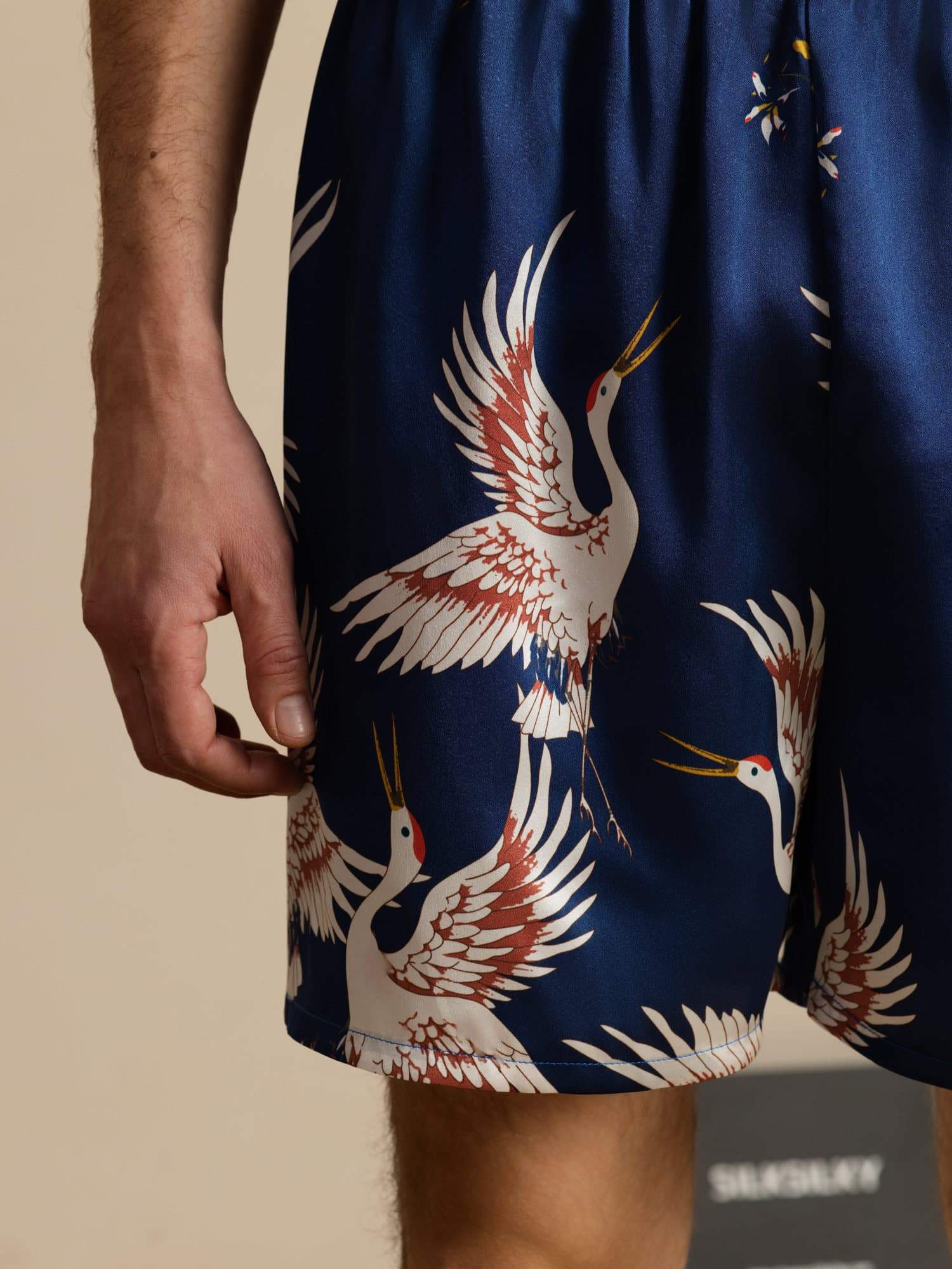 19Momme Seda Pura Pantalones Cortos de Sueño Hombre Estampado Grúa Cintura Elástica - Image 4