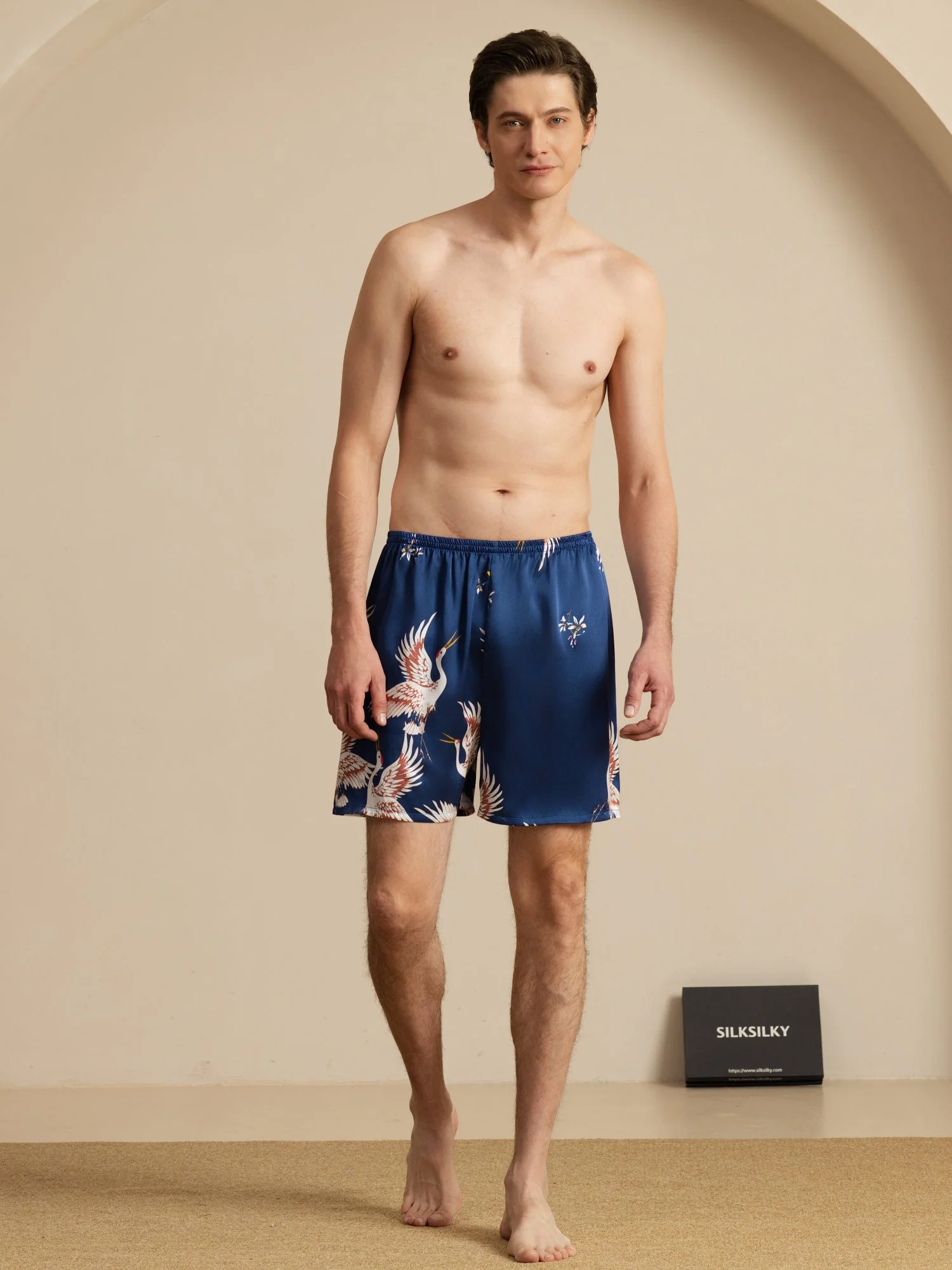 19Momme Seda Pura Pantalones Cortos de Sueño Hombre Estampado Grúa Cintura Elástica - Image 5