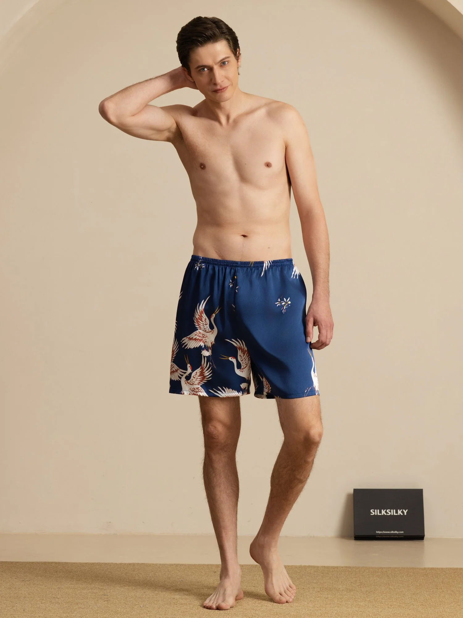 19Momme Seda Pura Pantalones Cortos de Sueño Hombre Estampado Grúa Cintura Elástica - Image 6