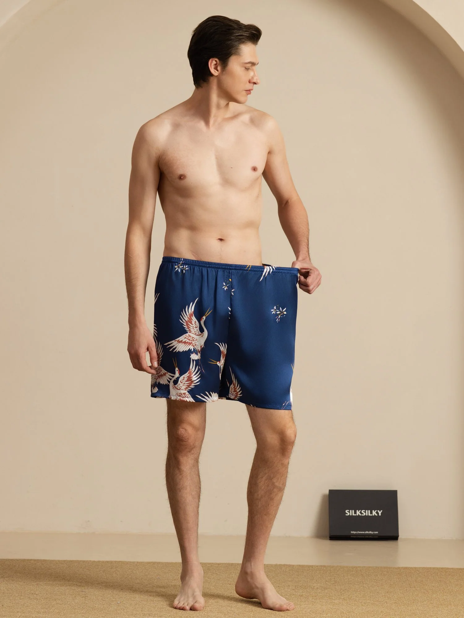 19Momme Seda Pura Pantalones Cortos de Sueño Hombre Estampado Grúa Cintura Elástica - Image 7