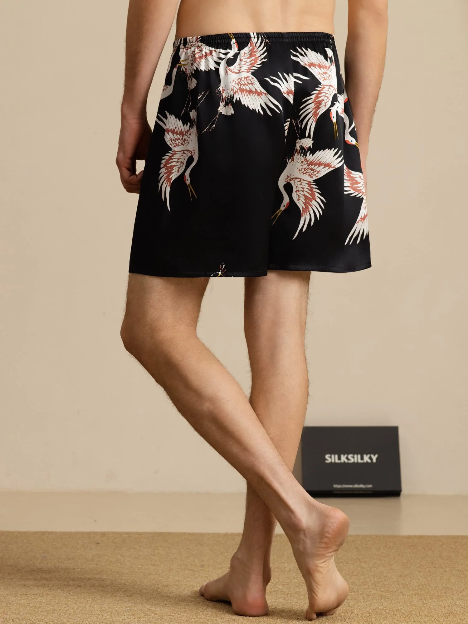 19Momme Seda Pura Pantalones Cortos de Sueño Hombre Estampado Grúa Cintura Elástica - Image 9