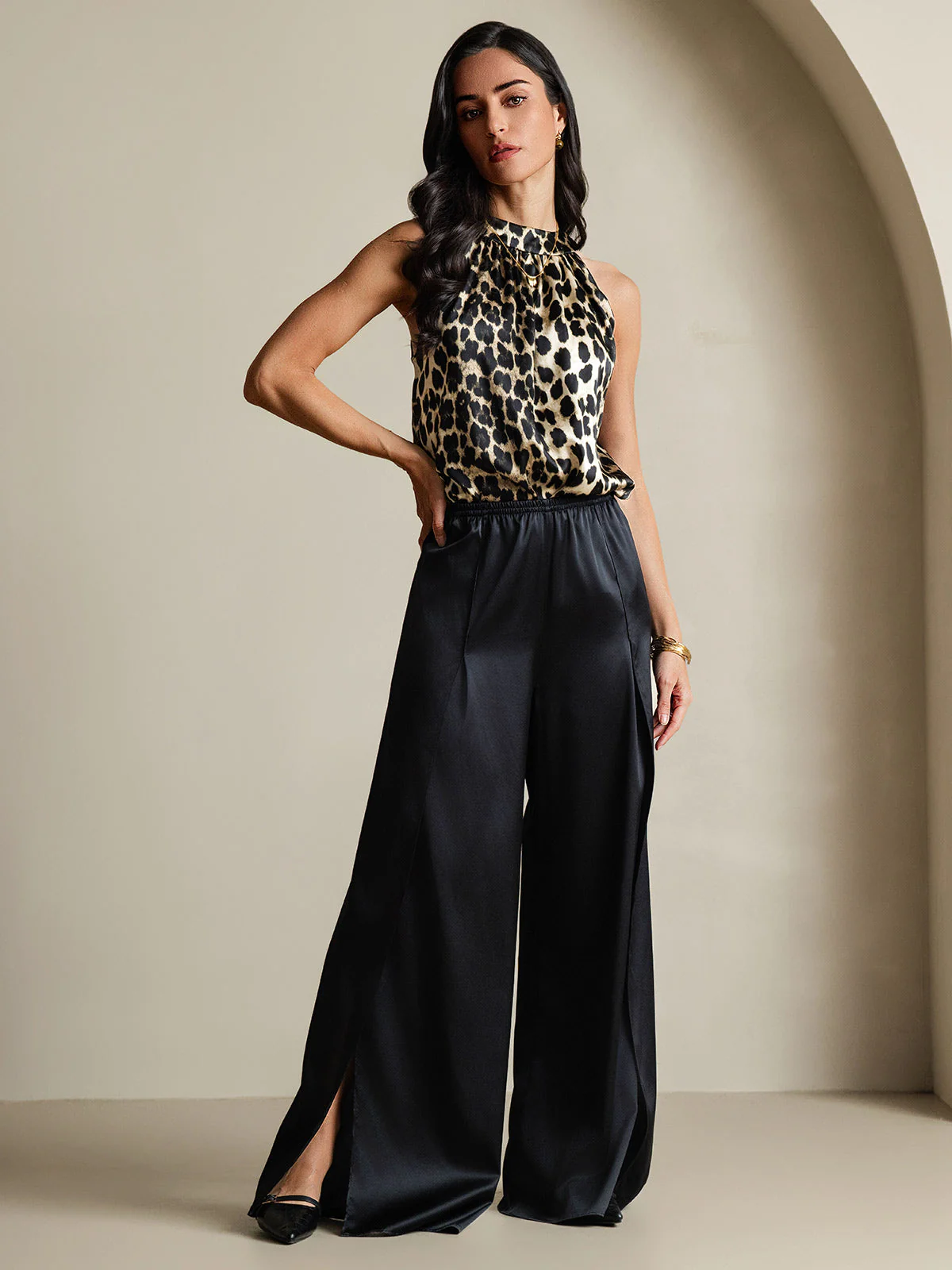 Top De Mujer De Seda 19Momme Sin Mangas Con Cuello Halter Y Estampado De Leopardo - Image 7