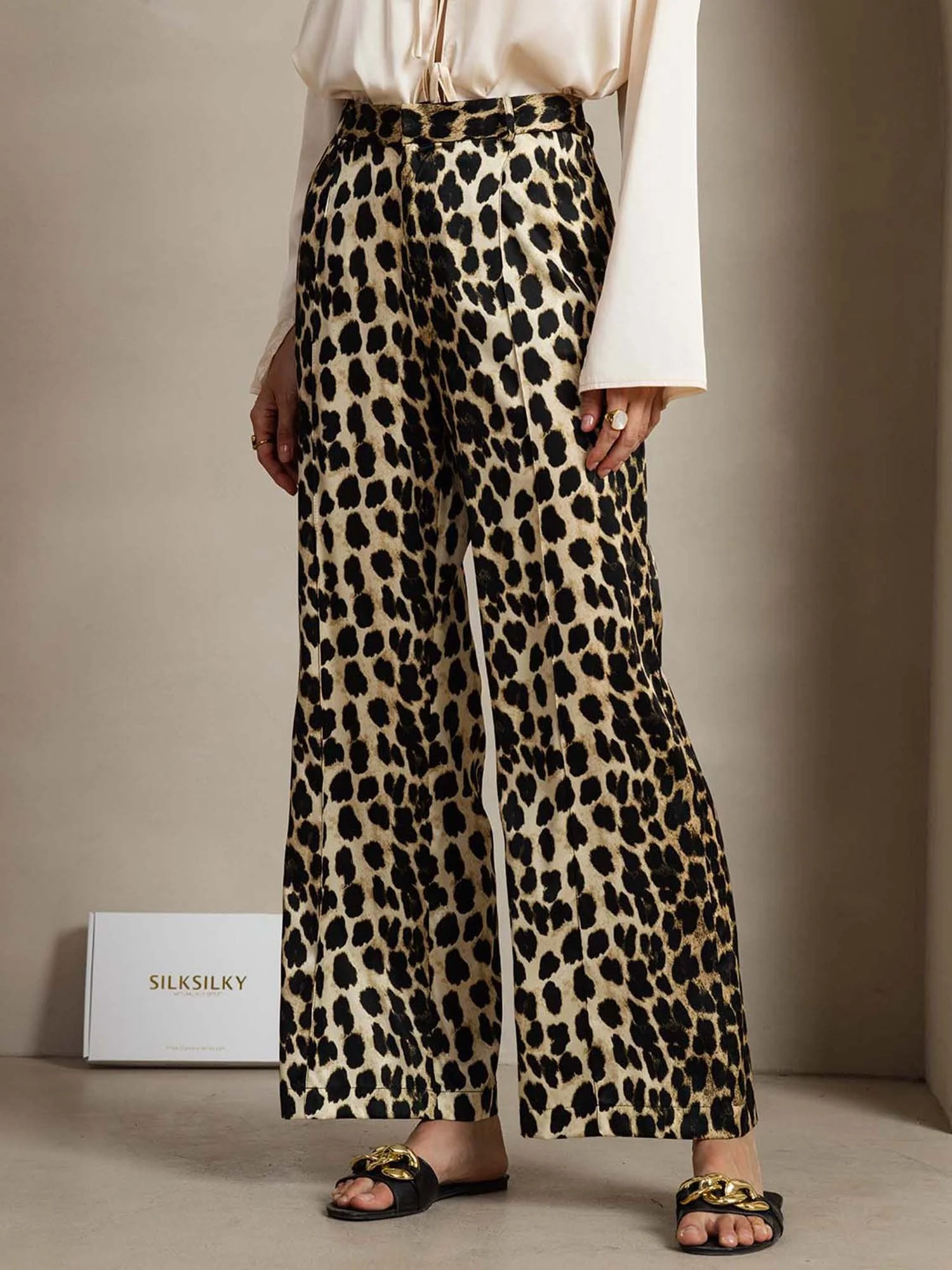 Pantalones De Mujer De Seda 19Momme Con Estampado De Leopardo, Pierna Recta Y Bolsillos Laterales - Image 3