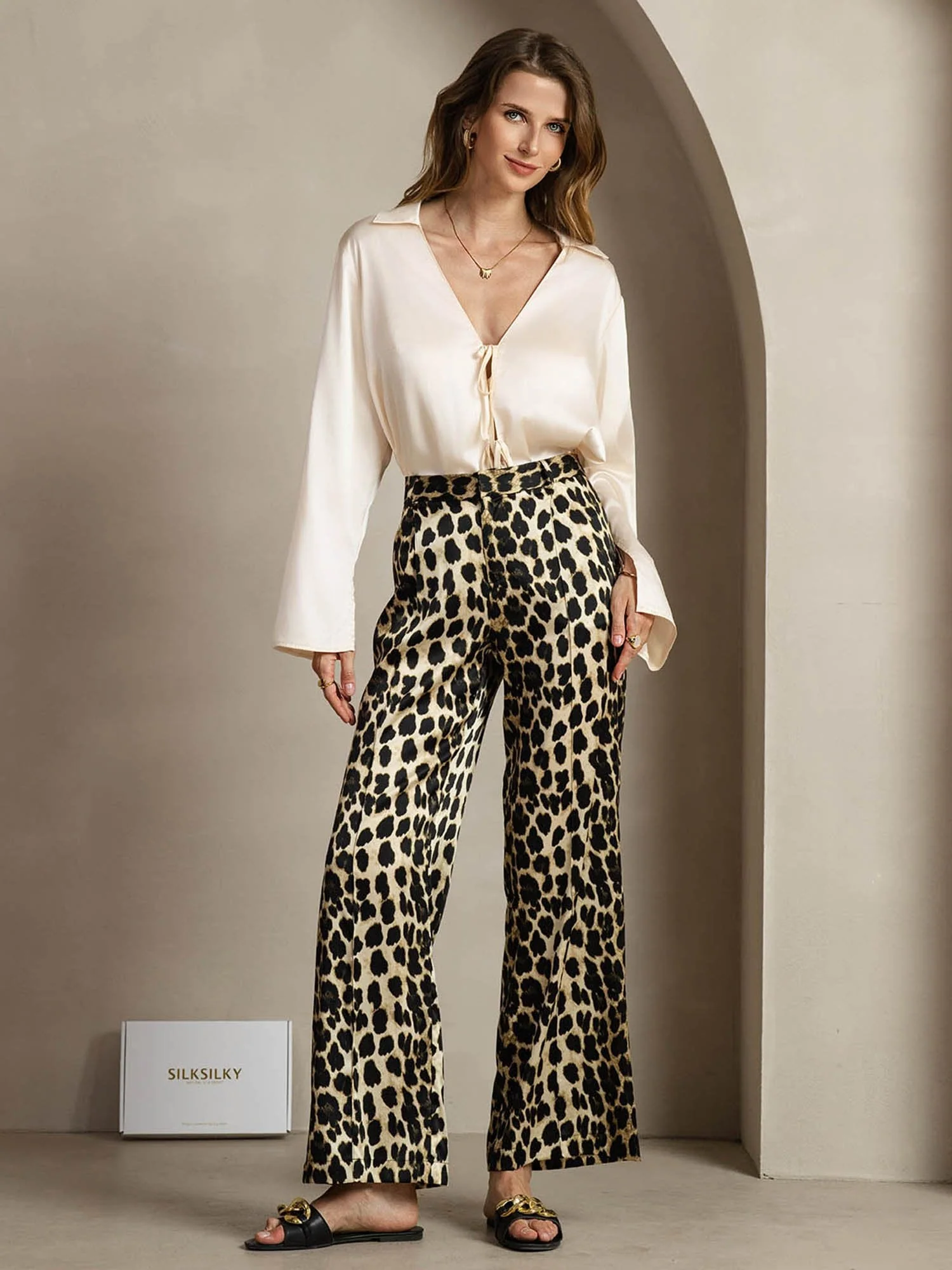 Pantalones De Mujer De Seda 19Momme Con Estampado De Leopardo, Pierna Recta Y Bolsillos Laterales - Image 4