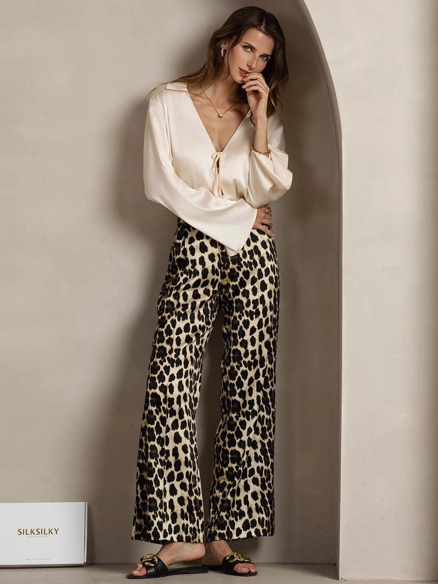 Pantalones De Mujer De Seda 19Momme Con Estampado De Leopardo, Pierna Recta Y Bolsillos Laterales - Image 5