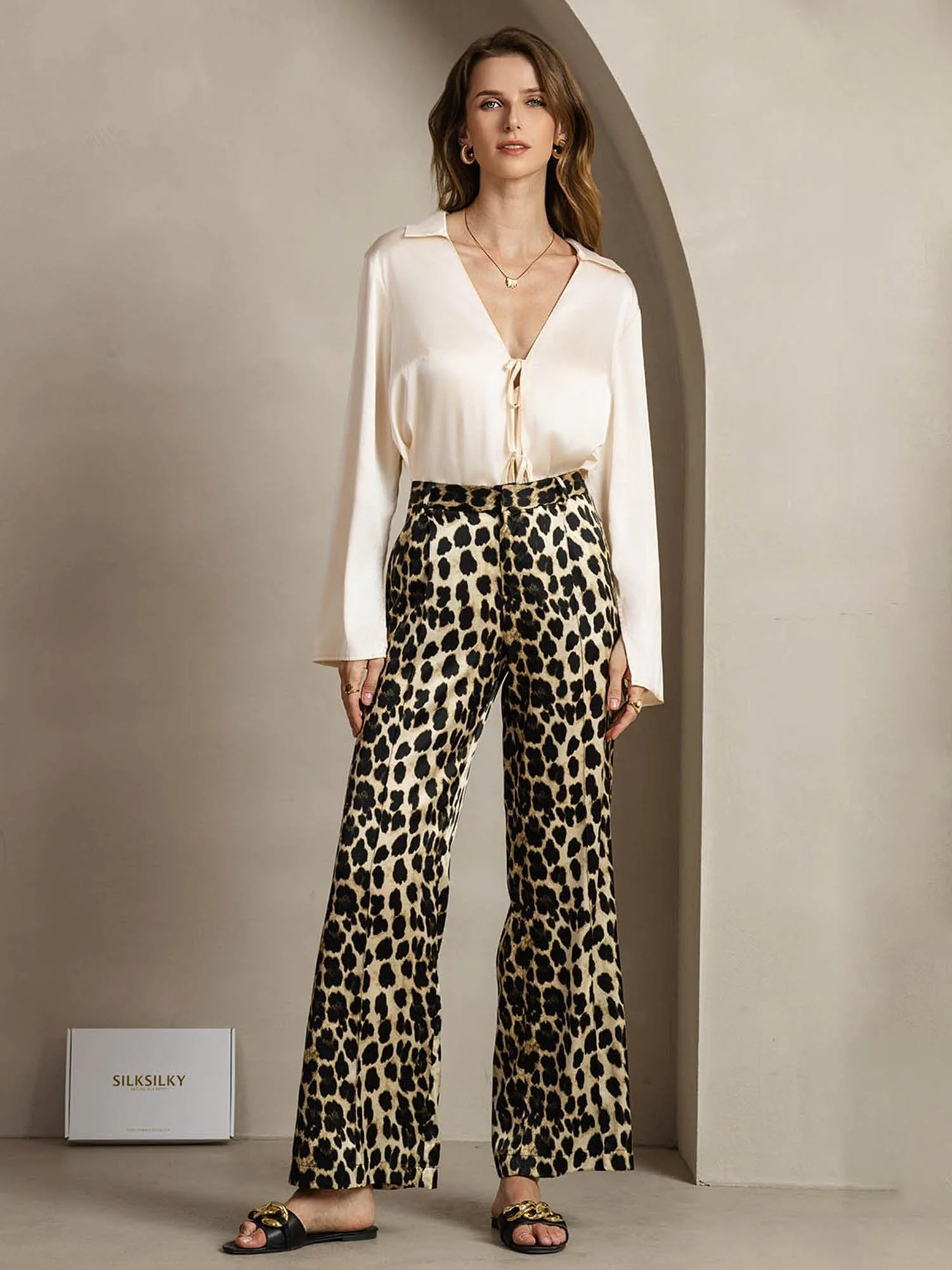 Pantalones De Mujer De Seda 19Momme Con Estampado De Leopardo, Pierna Recta Y Bolsillos Laterales - Image 6