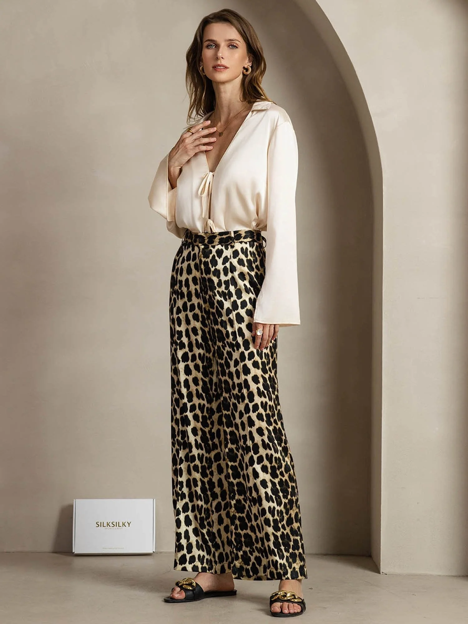 Pantalones De Mujer De Seda 19Momme Con Estampado De Leopardo, Pierna Recta Y Bolsillos Laterales - Image 7