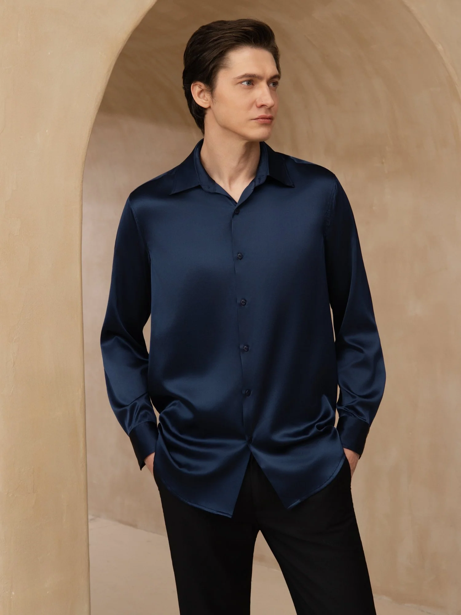Camisa De Negocios Clásica Para Hombre De Manga Larga Con Cuello De Solapa En Seda 19Momme - Image 11