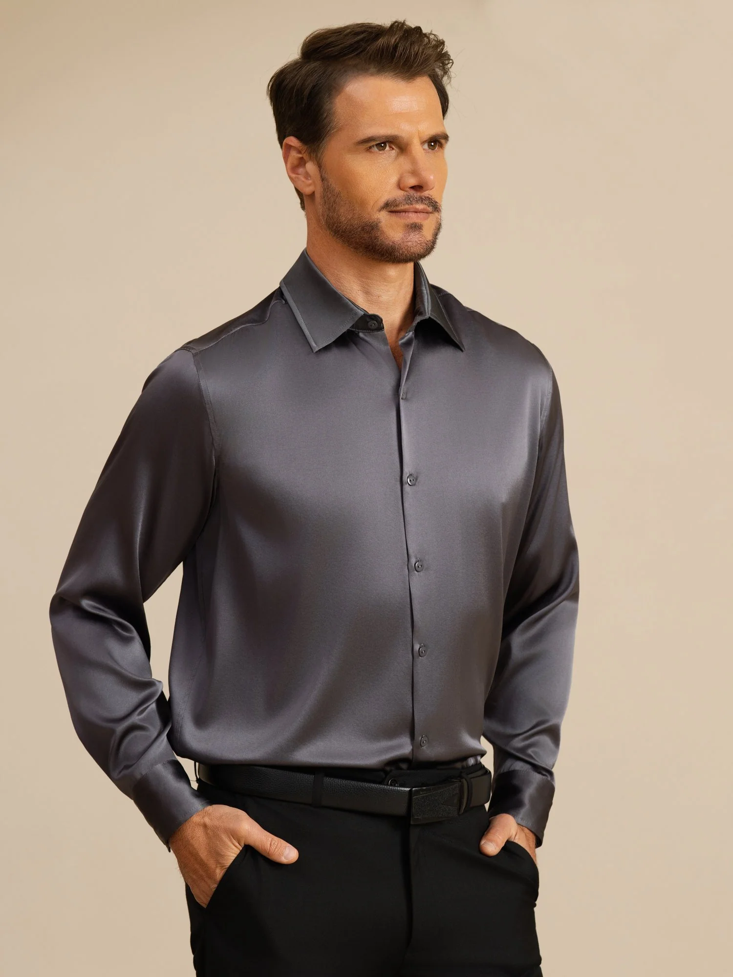 Camisa De Negocios Clásica Para Hombre De Manga Larga Con Cuello De Solapa En Seda 19Momme - Image 17