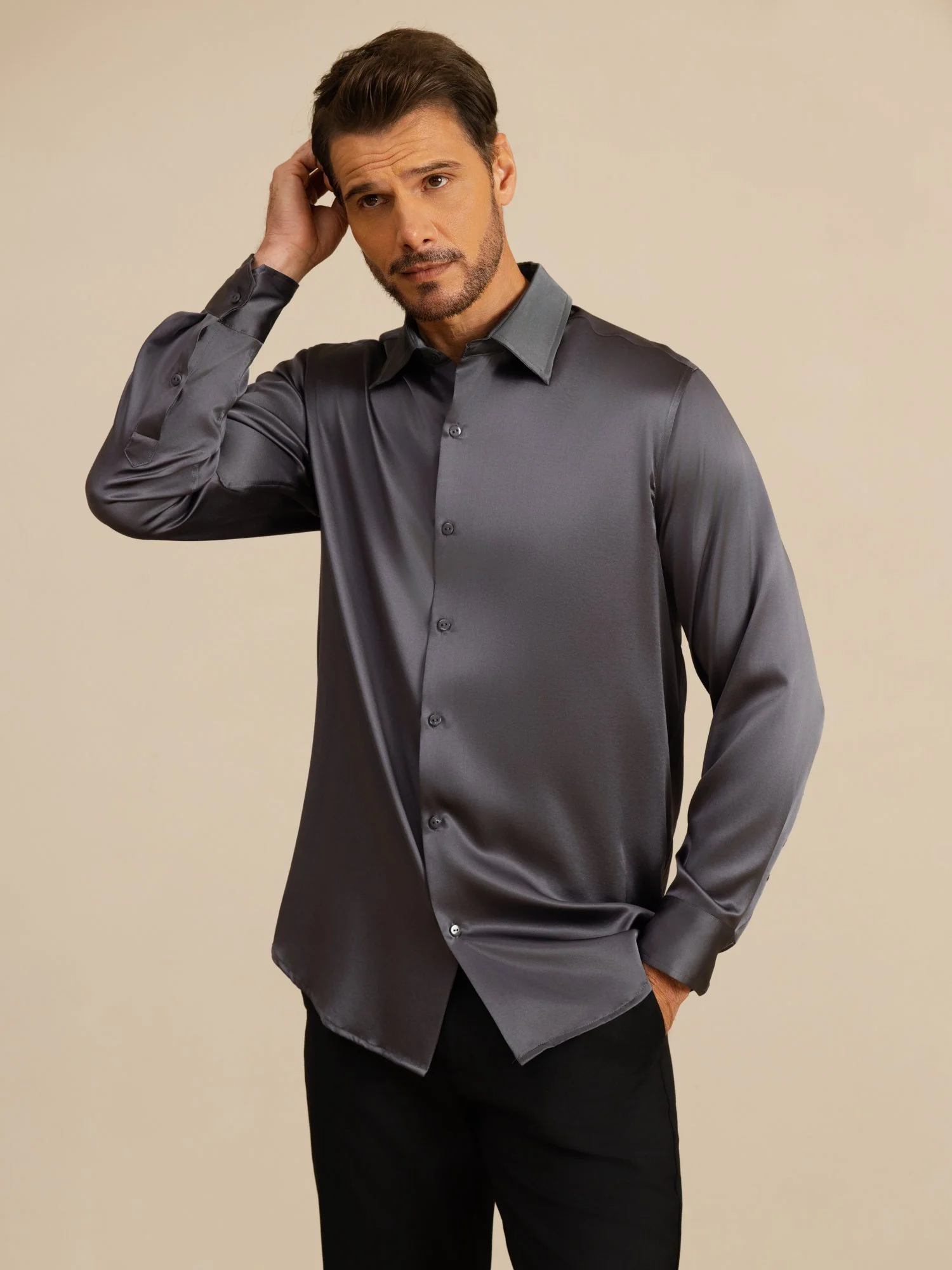 Camisa De Negocios Clásica Para Hombre De Manga Larga Con Cuello De Solapa En Seda 19Momme - Image 20
