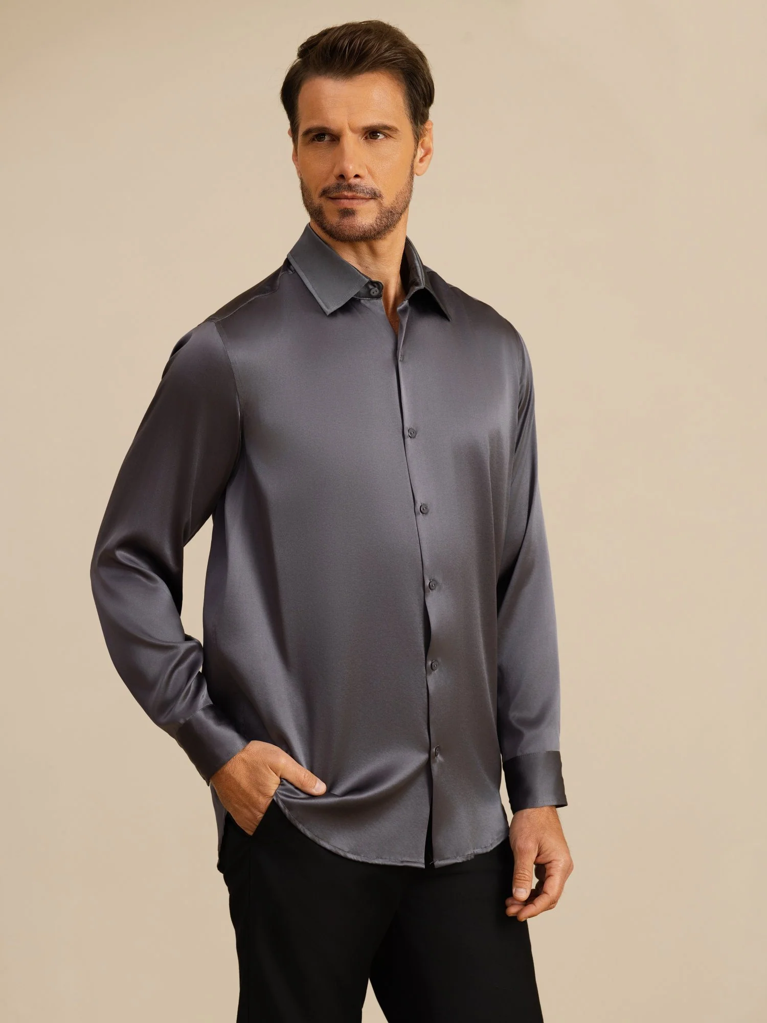 Camisa De Negocios Clásica Para Hombre De Manga Larga Con Cuello De Solapa En Seda 19Momme - Image 21