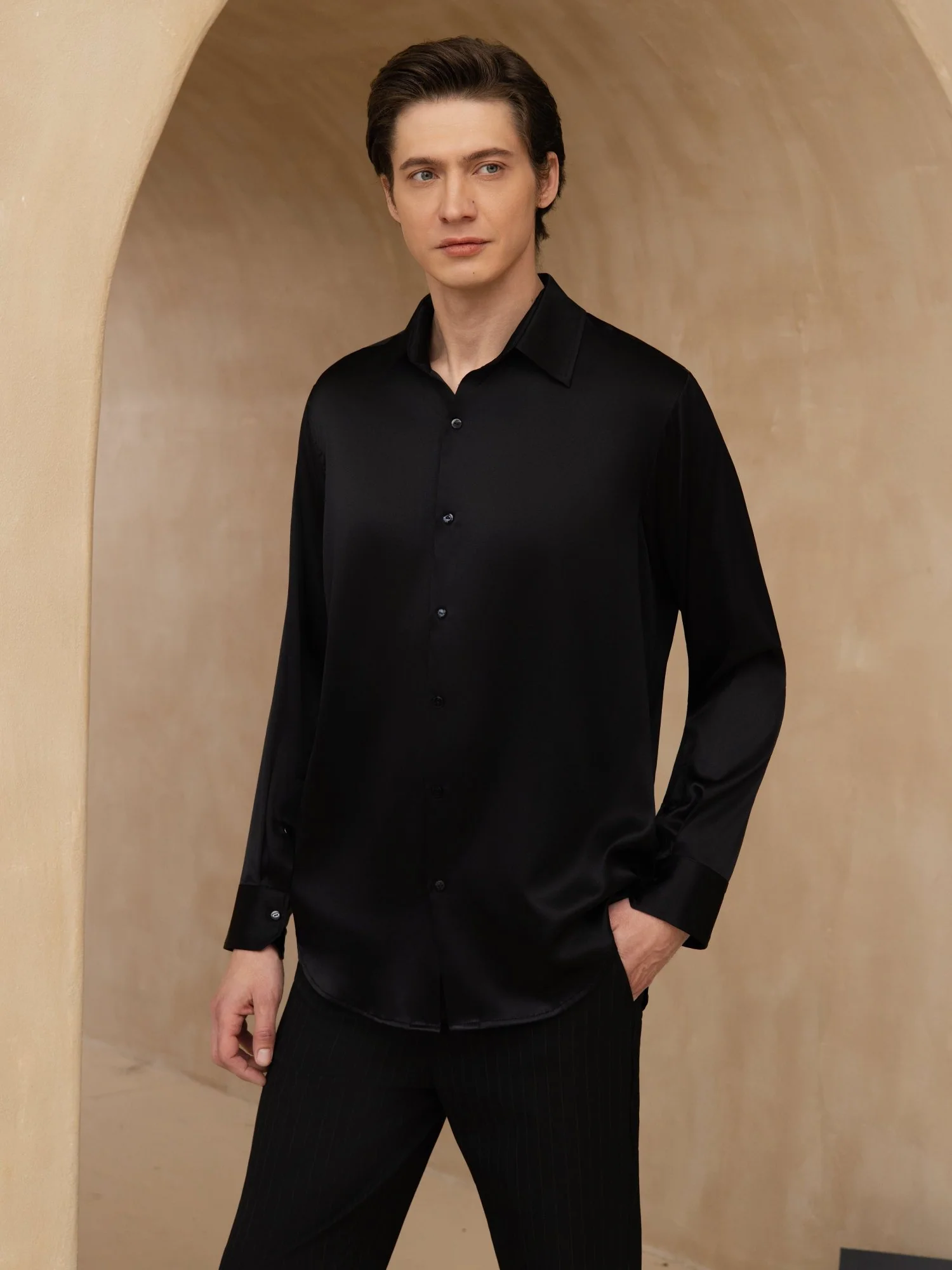 Camisa De Negocios Clásica Para Hombre De Manga Larga Con Cuello De Solapa En Seda 19Momme - Image 25
