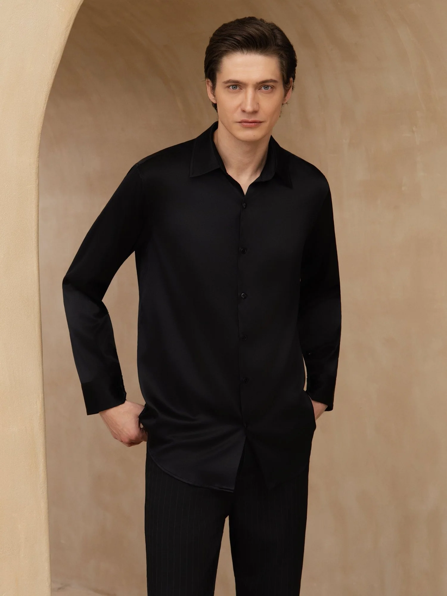 Camisa De Negocios Clásica Para Hombre De Manga Larga Con Cuello De Solapa En Seda 19Momme - Image 27