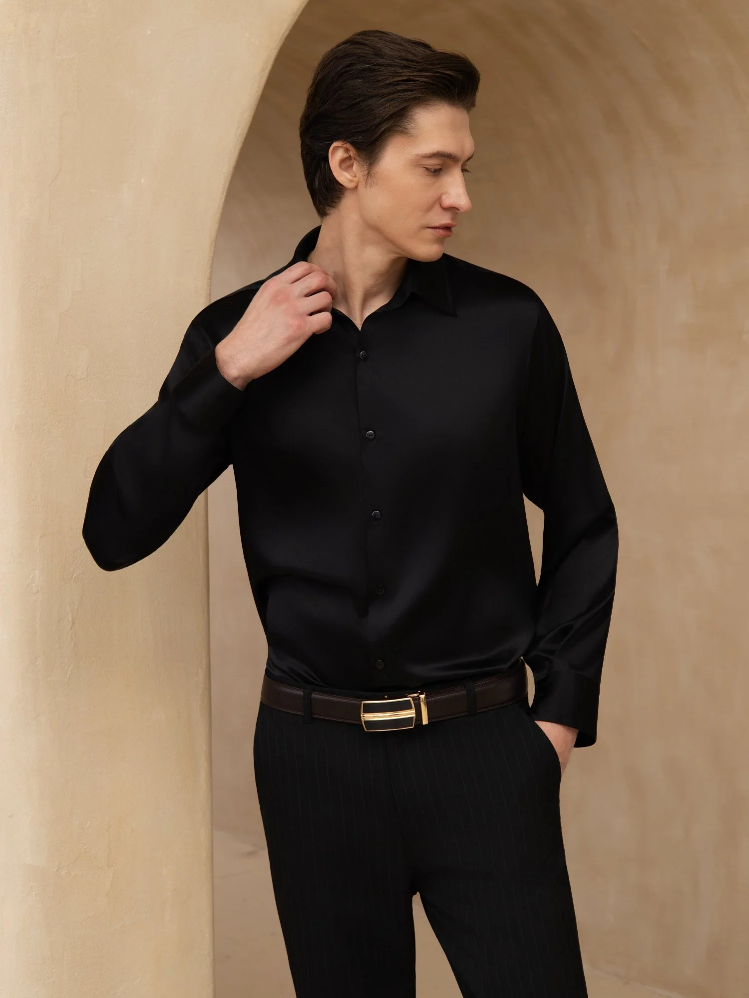 Camisa De Negocios Clásica Para Hombre De Manga Larga Con Cuello De Solapa En Seda 19Momme - Image 29