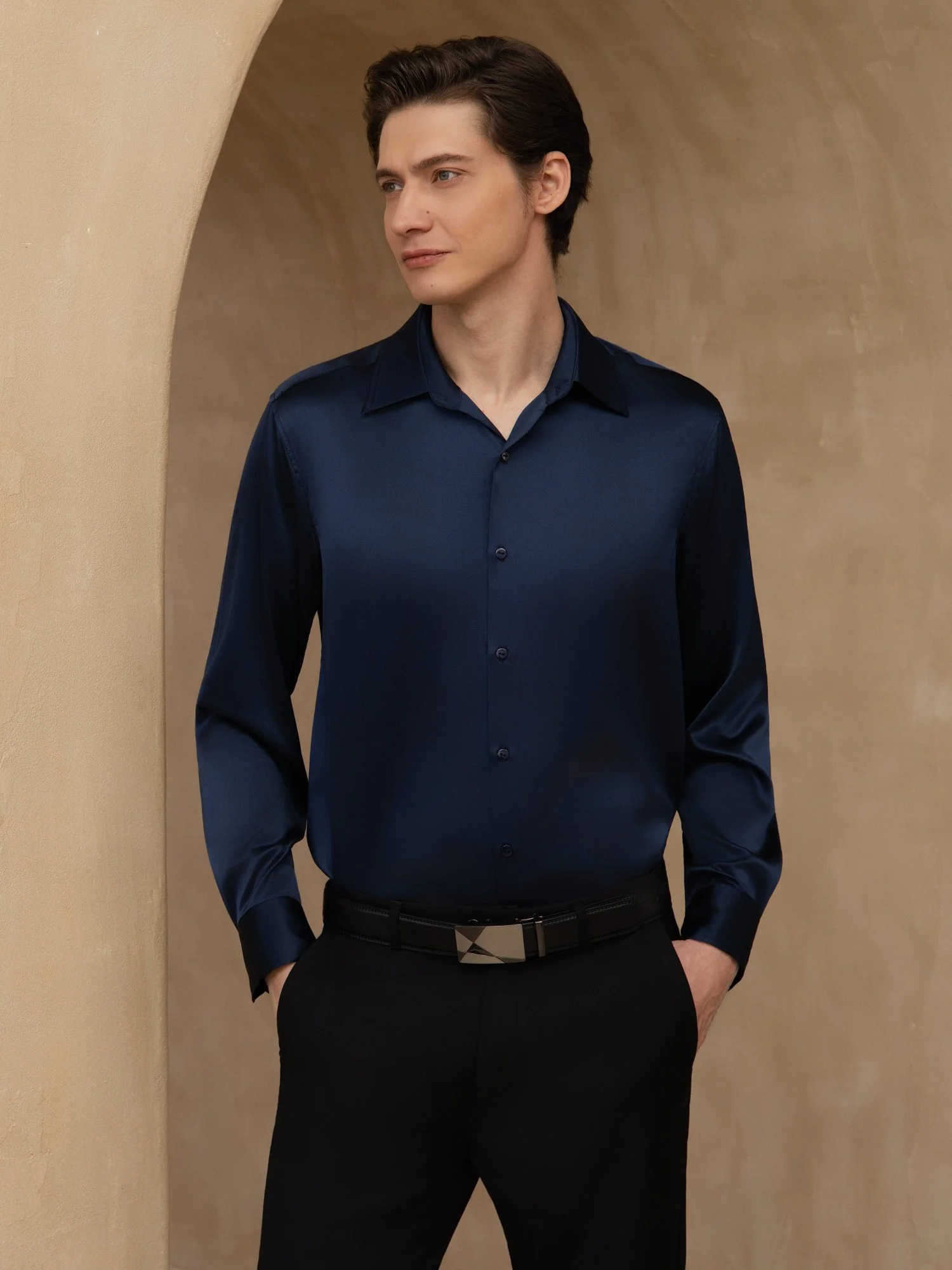 Camisa De Negocios Clásica Para Hombre De Manga Larga Con Cuello De Solapa En Seda 19Momme - Image 9