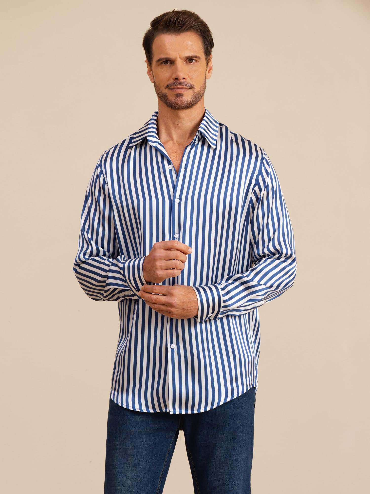 19Momme Seda Hombre Manga Larga Cuello Solapa Estampado Rayas Camisa - Image 3
