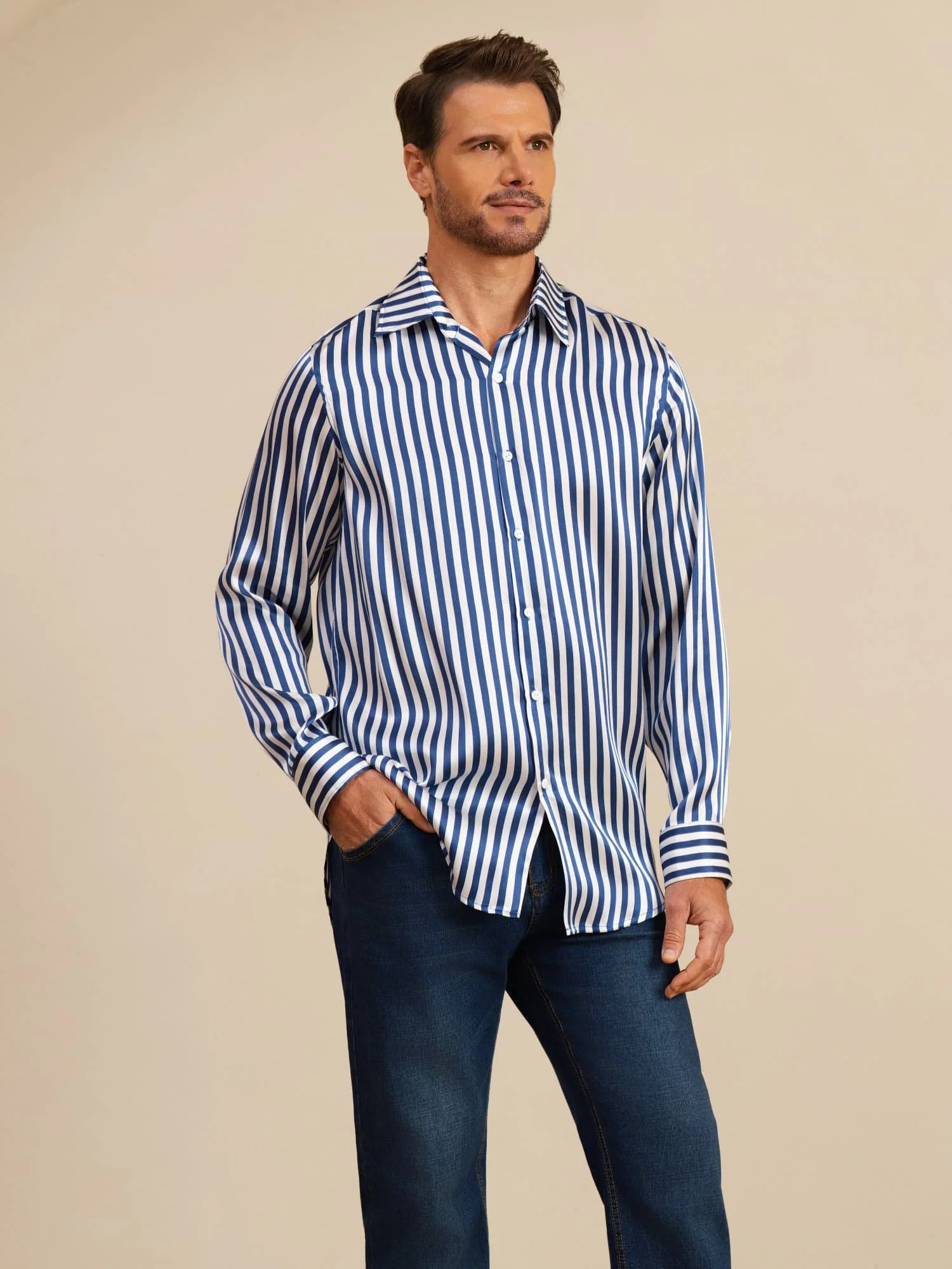 19Momme Seda Hombre Manga Larga Cuello Solapa Estampado Rayas Camisa - Image 4